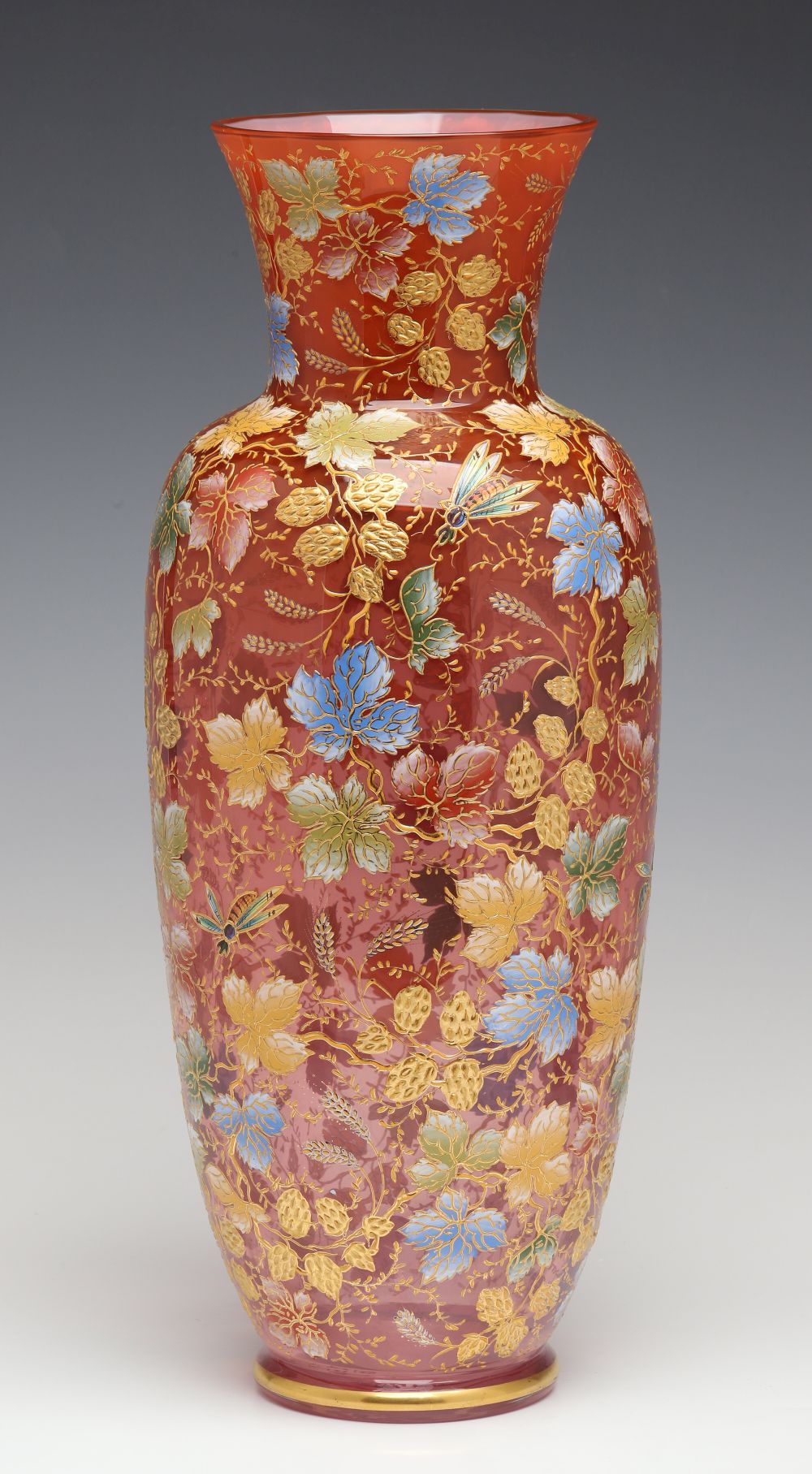 A MOSER 15-INCH GILT AND ENAMEL VASE WITH INSECTS