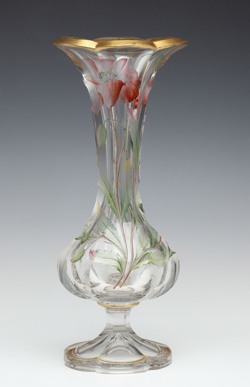 A MOSER QUALITY INTAGLIO CARVED VASE WITH ENAMEL COLOR