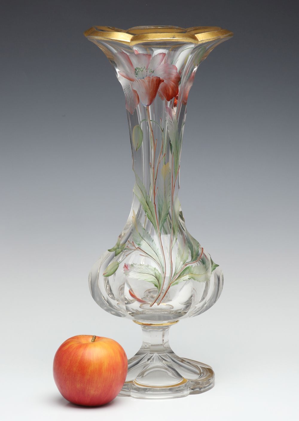 A MOSER QUALITY INTAGLIO CARVED VASE WITH ENAMEL COLOR