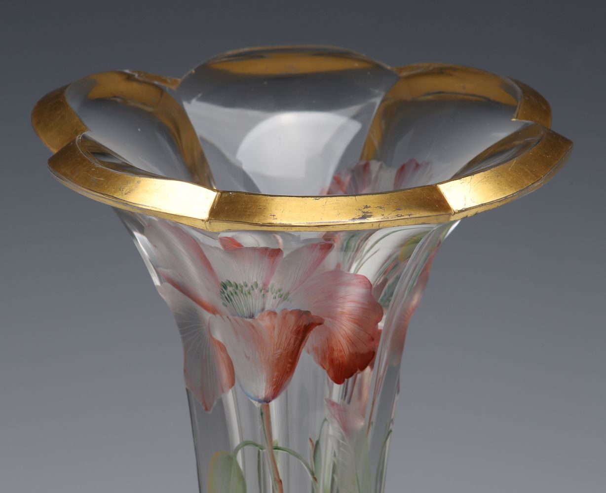 A MOSER QUALITY INTAGLIO CARVED VASE WITH ENAMEL COLOR