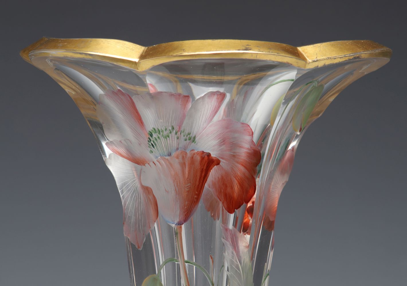 A MOSER QUALITY INTAGLIO CARVED VASE WITH ENAMEL COLOR