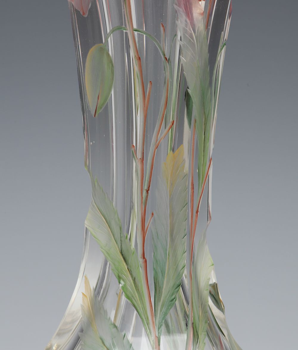 A MOSER QUALITY INTAGLIO CARVED VASE WITH ENAMEL COLOR