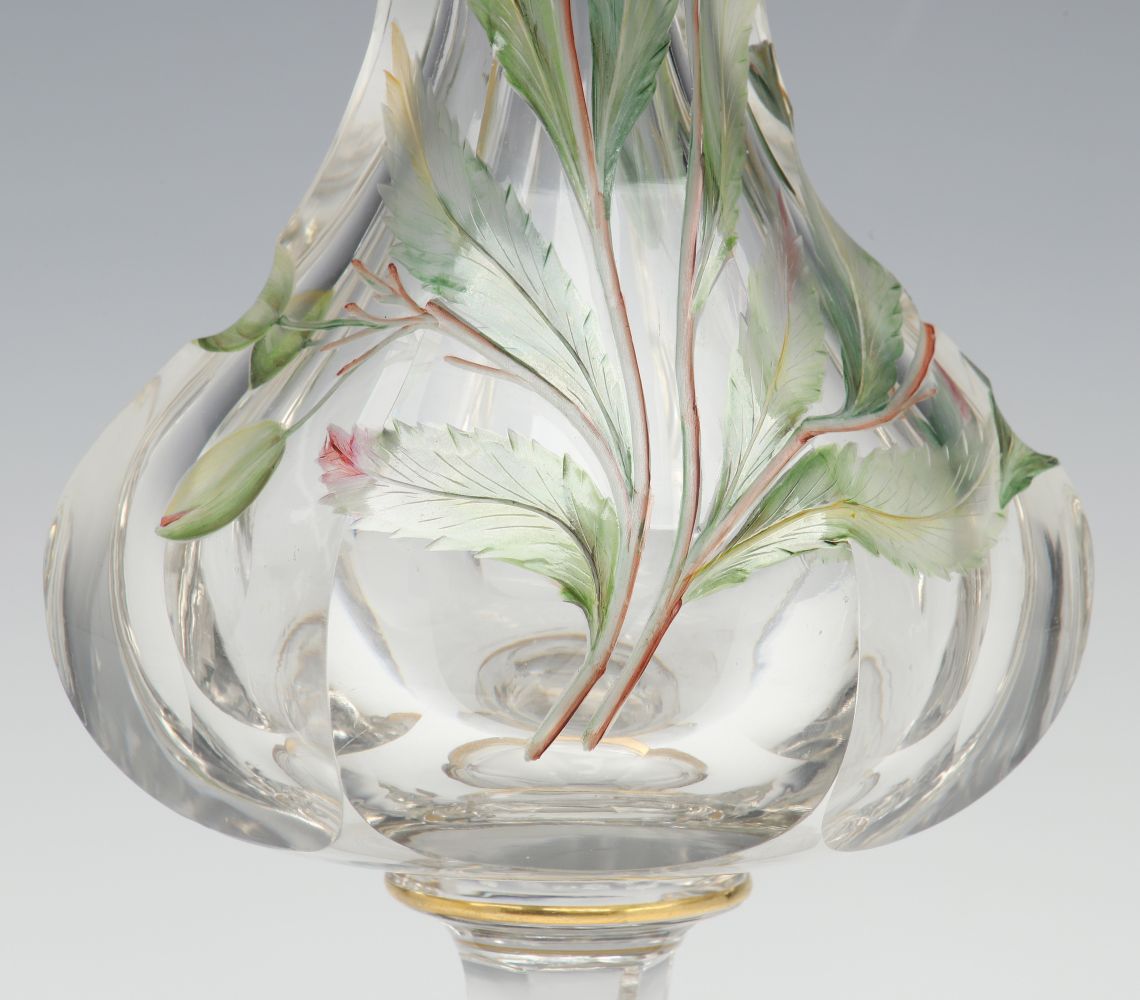 A MOSER QUALITY INTAGLIO CARVED VASE WITH ENAMEL COLOR