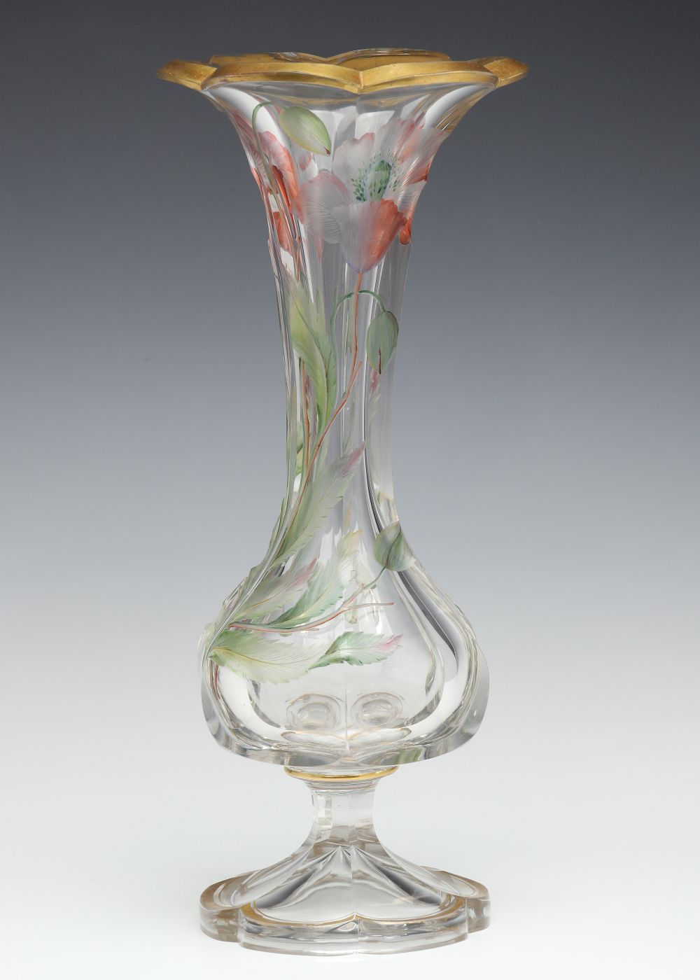 A MOSER QUALITY INTAGLIO CARVED VASE WITH ENAMEL COLOR