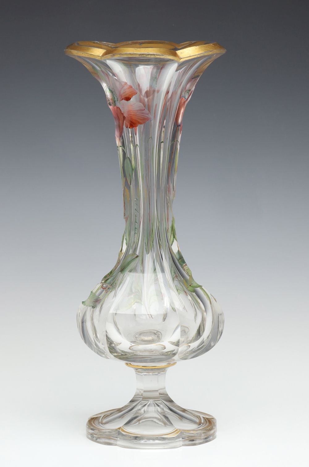 A MOSER QUALITY INTAGLIO CARVED VASE WITH ENAMEL COLOR