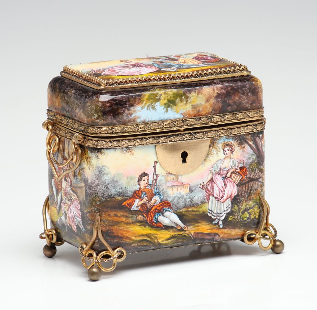 CIRCA 1900 VIENNESE ENAMEL DRESSER BOX WITH FIVE SCENES