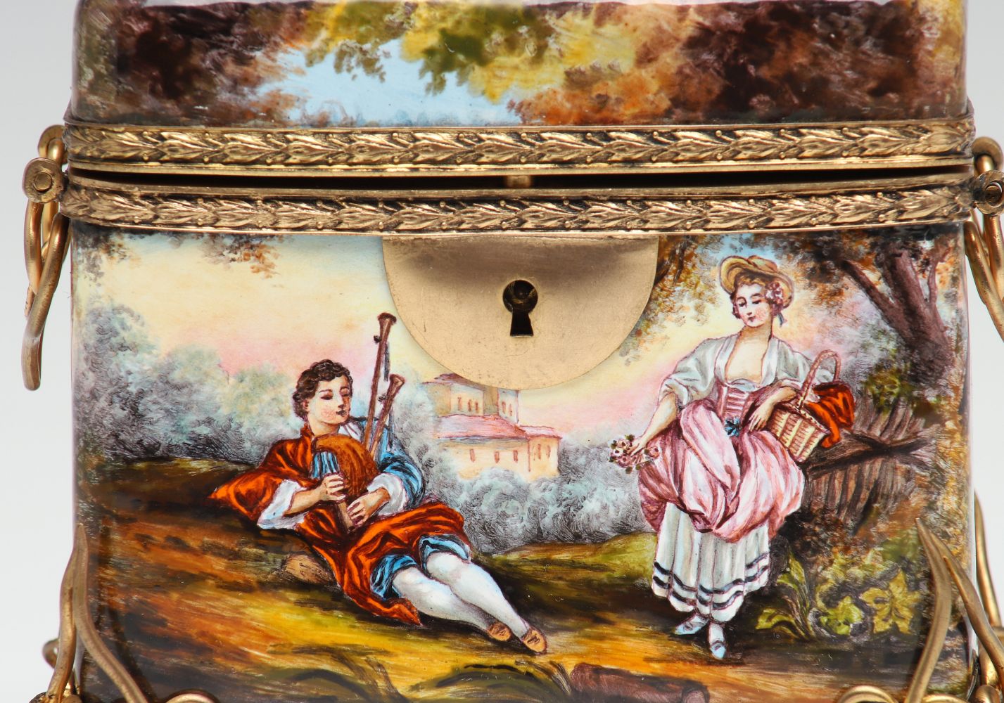 CIRCA 1900 VIENNESE ENAMEL DRESSER BOX WITH FIVE SCENES