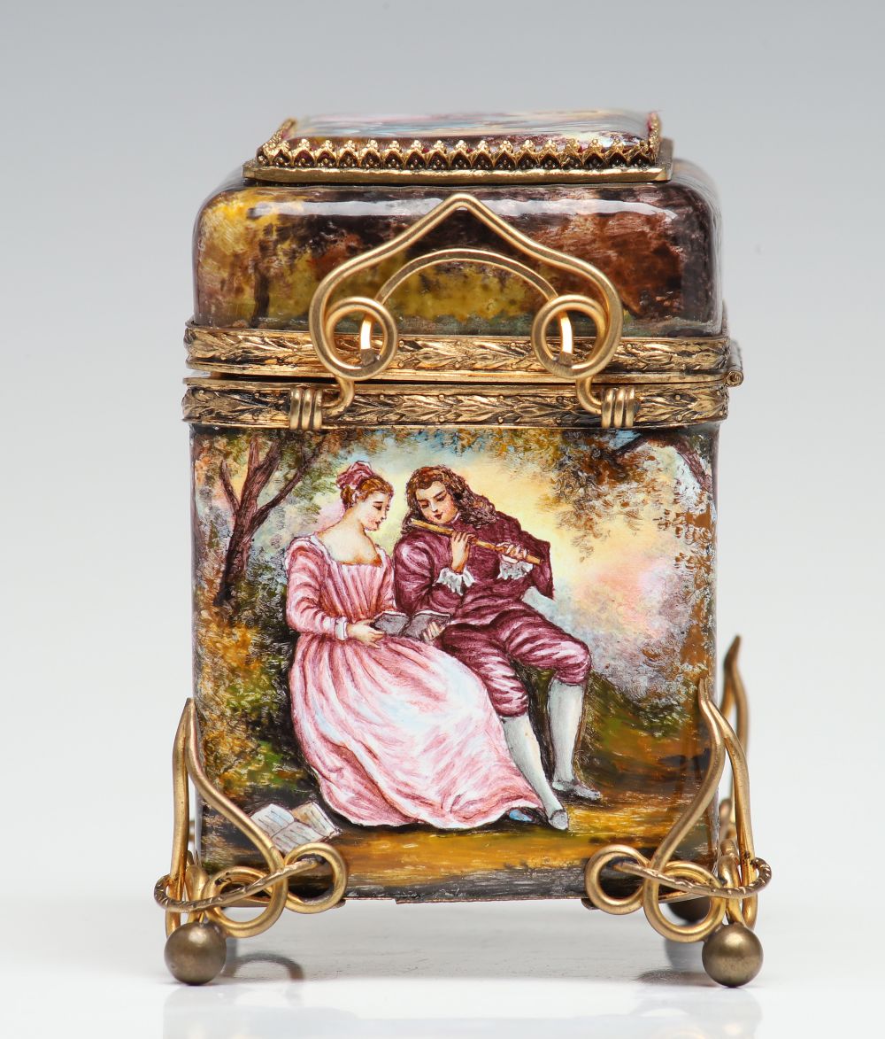 CIRCA 1900 VIENNESE ENAMEL DRESSER BOX WITH FIVE SCENES