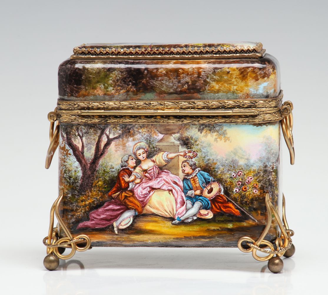 CIRCA 1900 VIENNESE ENAMEL DRESSER BOX WITH FIVE SCENES