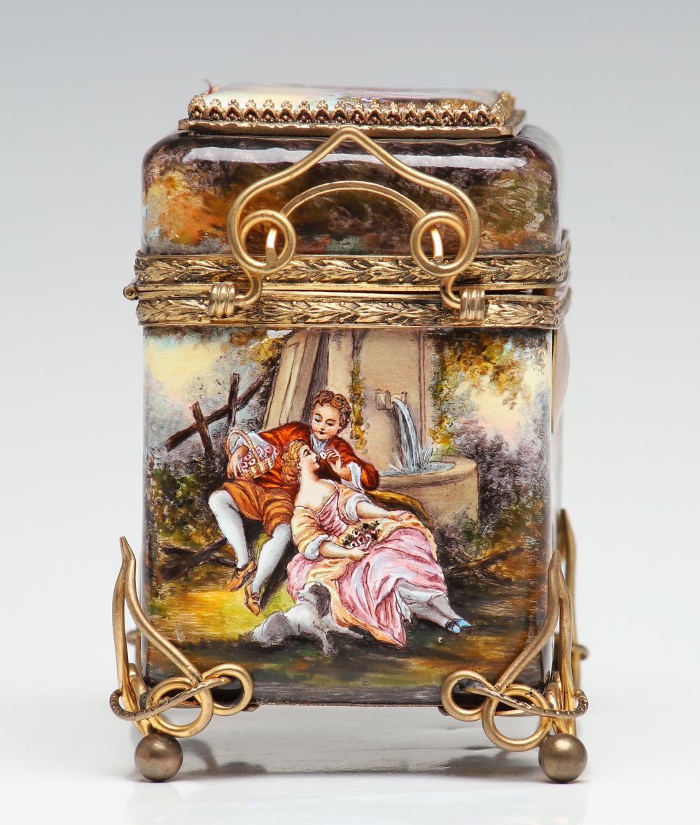 CIRCA 1900 VIENNESE ENAMEL DRESSER BOX WITH FIVE SCENES