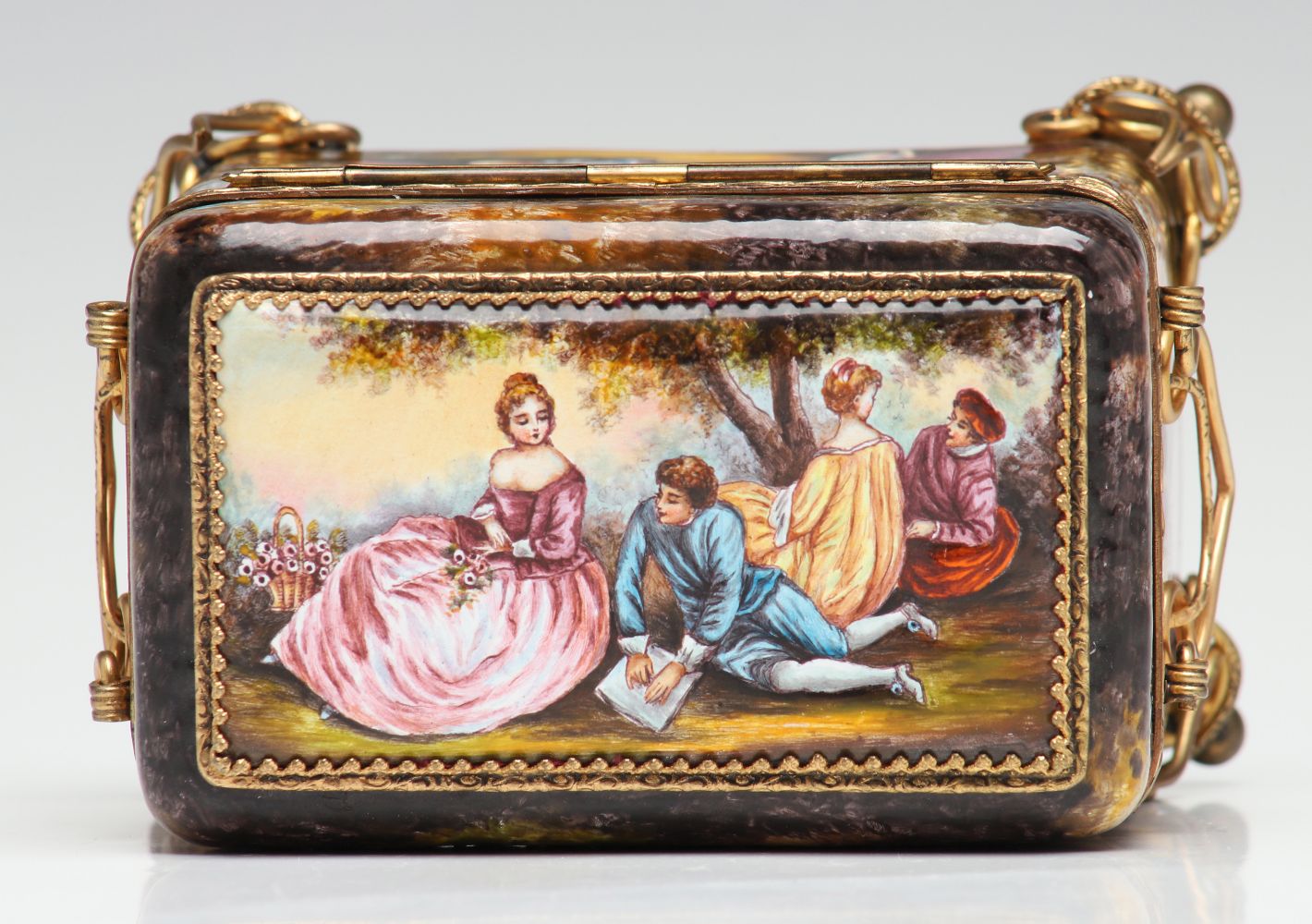 CIRCA 1900 VIENNESE ENAMEL DRESSER BOX WITH FIVE SCENES