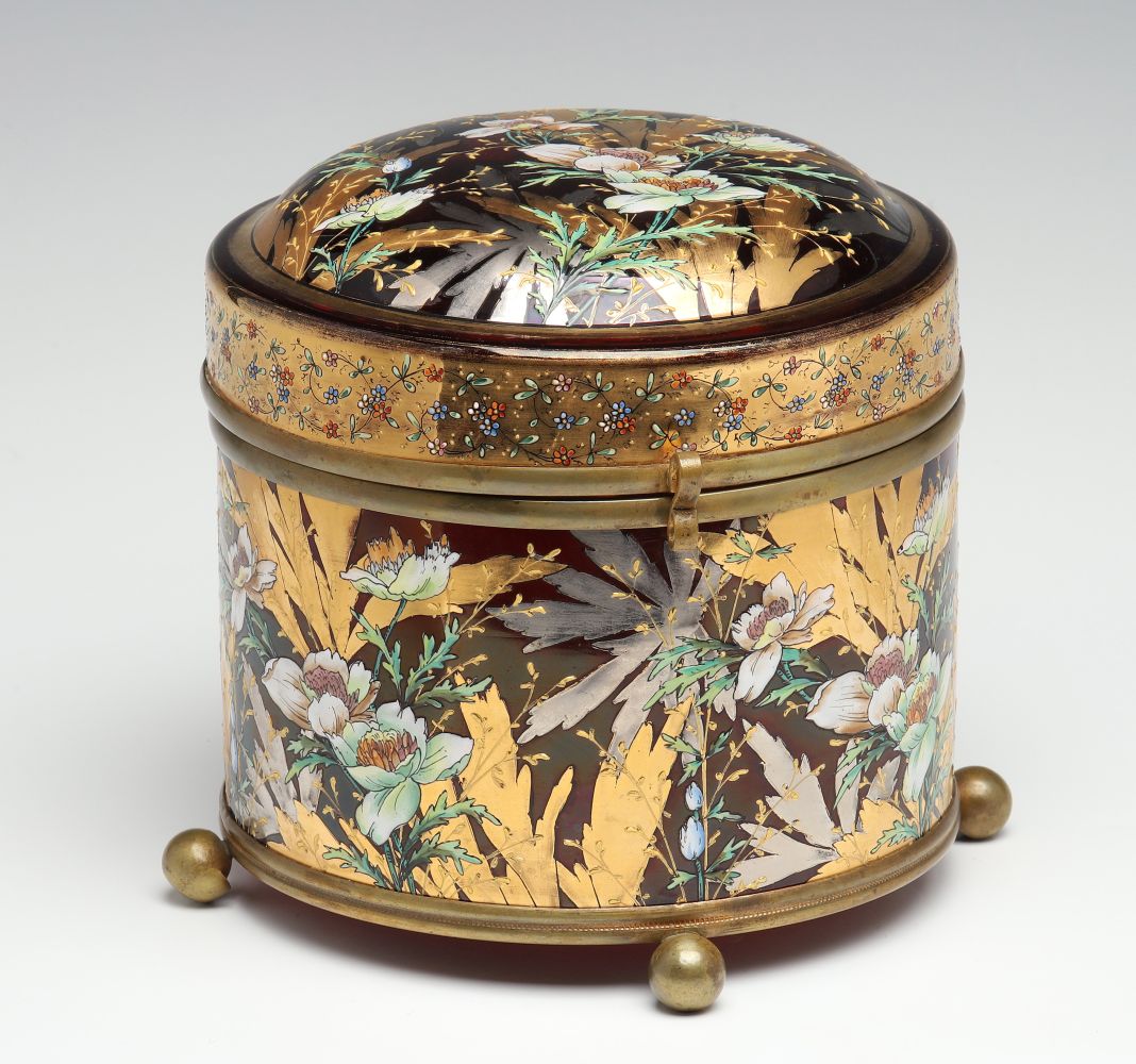 A MOSER DEEP RUBY BOX WITH GILT AND ENAMEL DECORATION