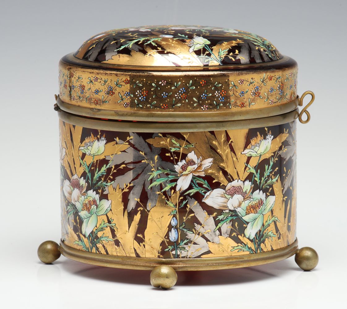 A MOSER DEEP RUBY BOX WITH GILT AND ENAMEL DECORATION