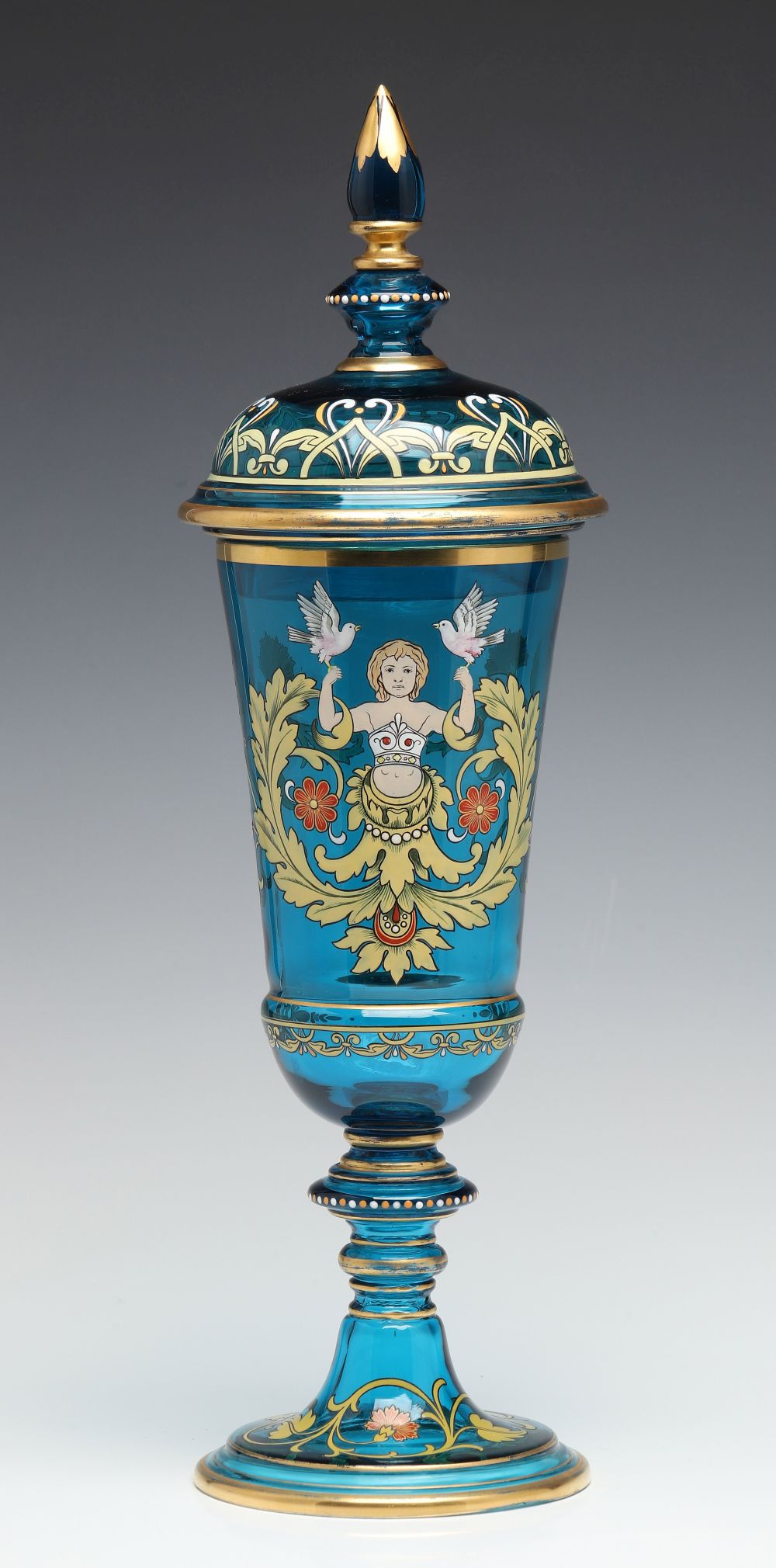 A MOSER BLUE ART GLASS DECORATED POKAL WITH COVER