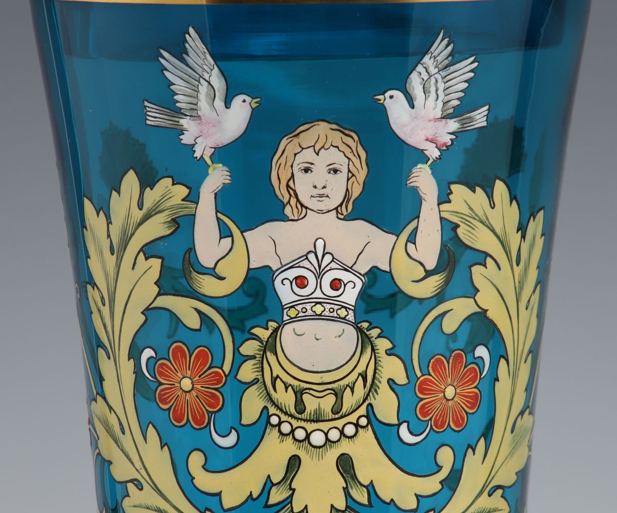 A MOSER BLUE ART GLASS DECORATED POKAL WITH COVER