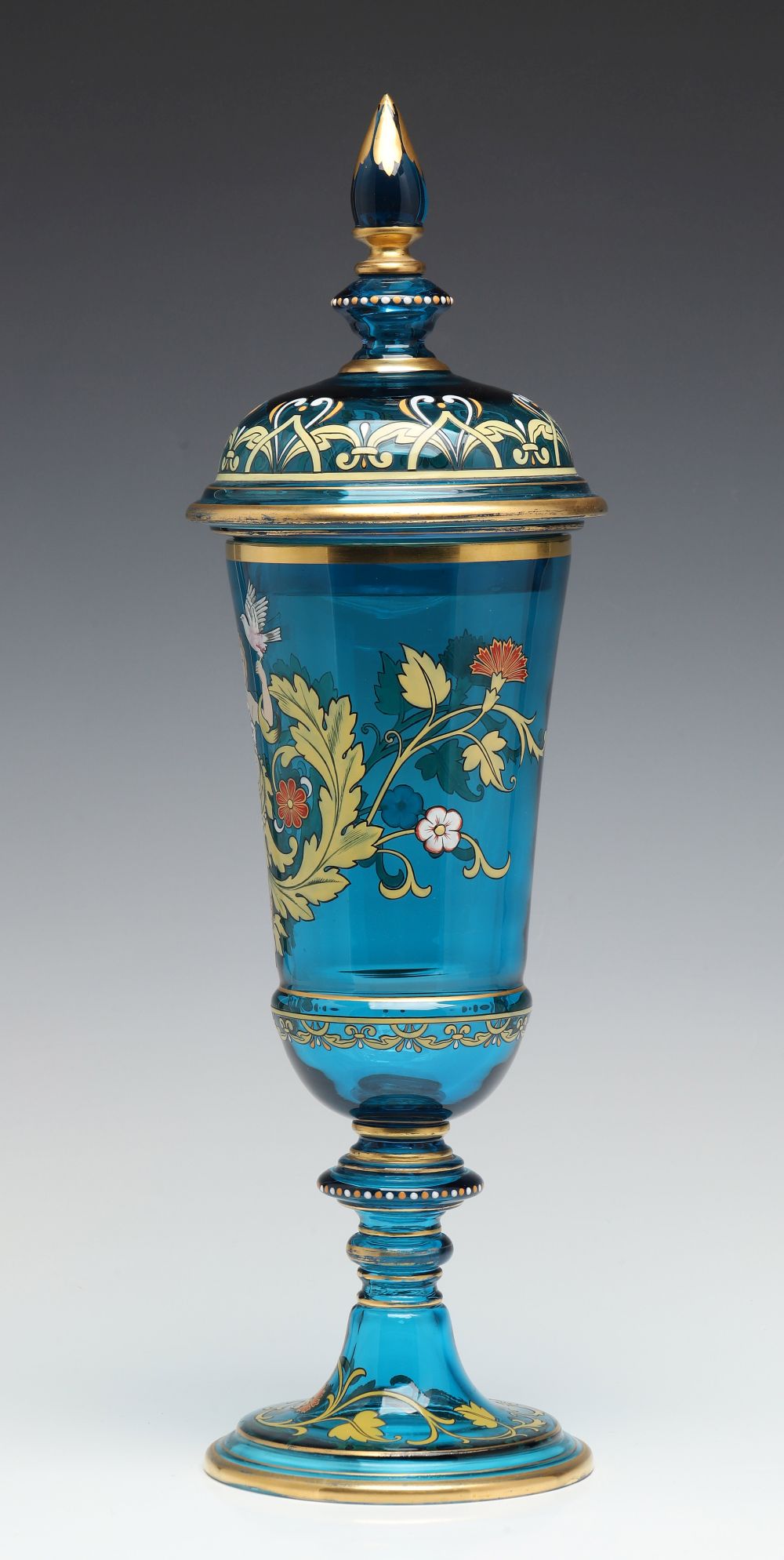 A MOSER BLUE ART GLASS DECORATED POKAL WITH COVER