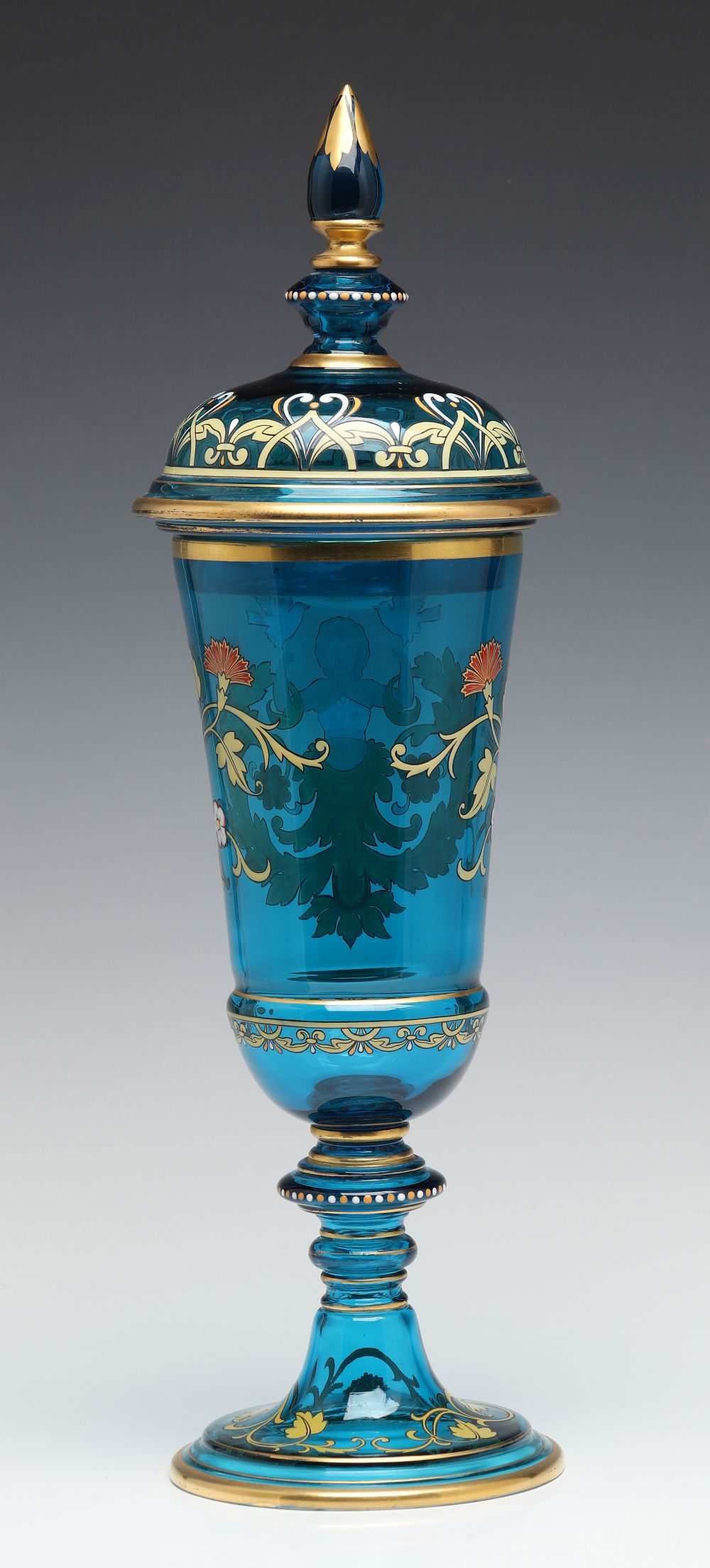 A MOSER BLUE ART GLASS DECORATED POKAL WITH COVER