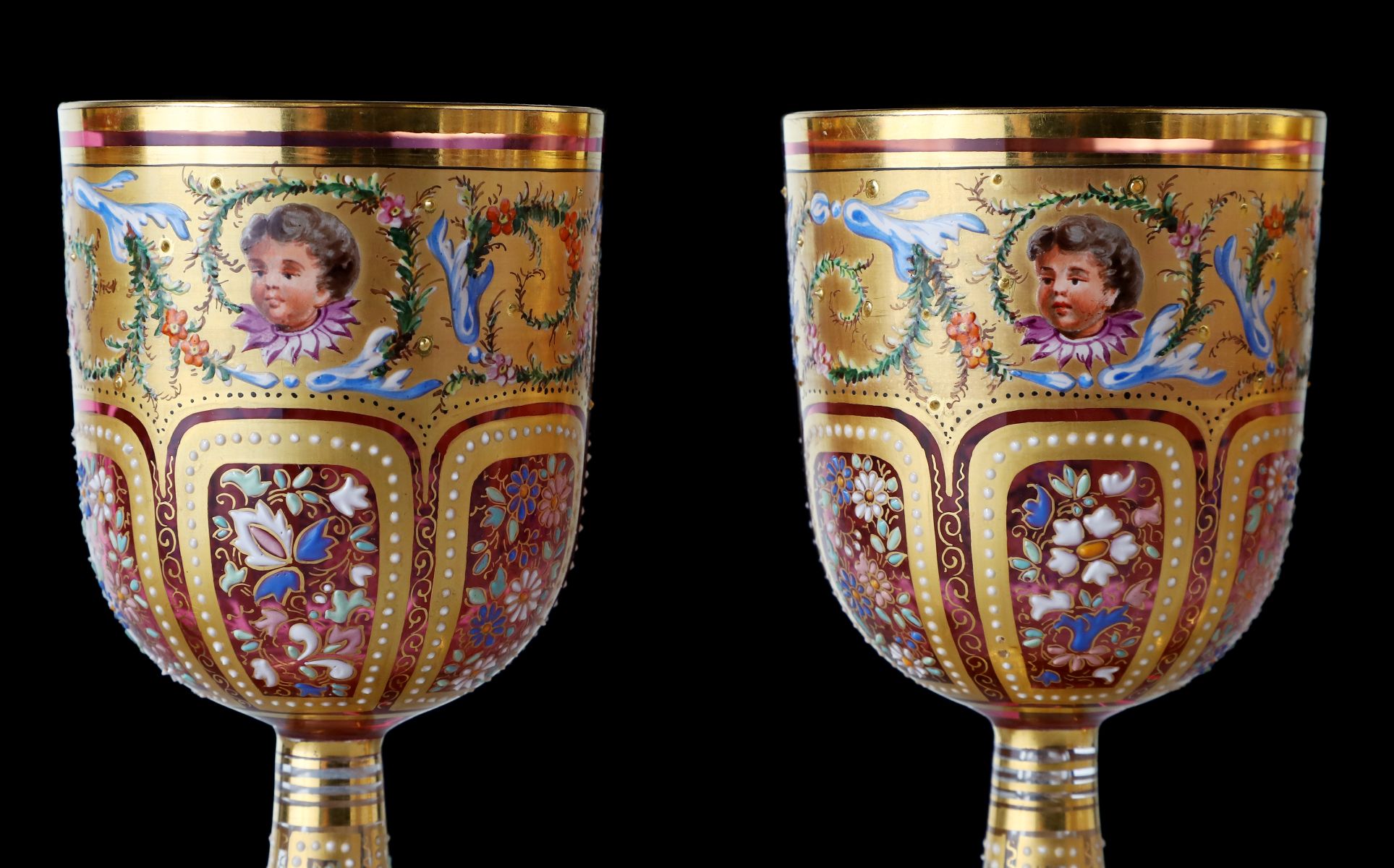 TWELVE OUTSTANDING MOSER GILT AND ENAMELED GOBLETS