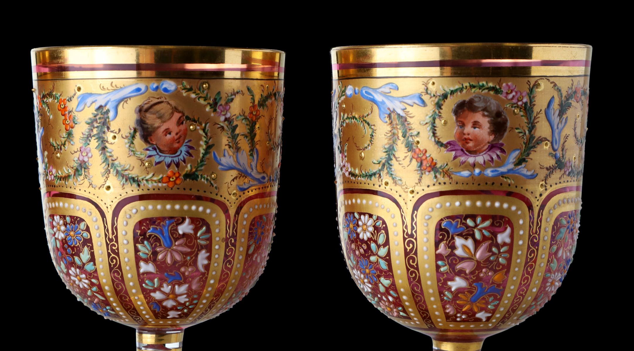 TWELVE OUTSTANDING MOSER GILT AND ENAMELED GOBLETS