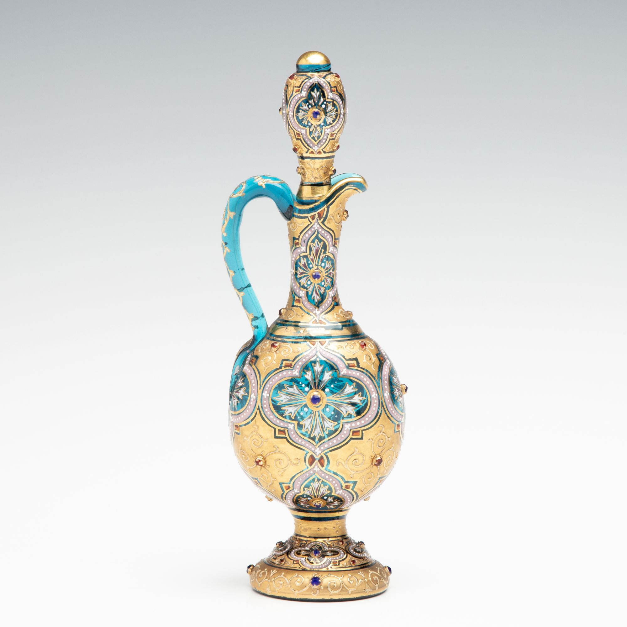 A MOSER JEWELED AND ENAMELD BLUE CRYSTAL MINIATURE EWER