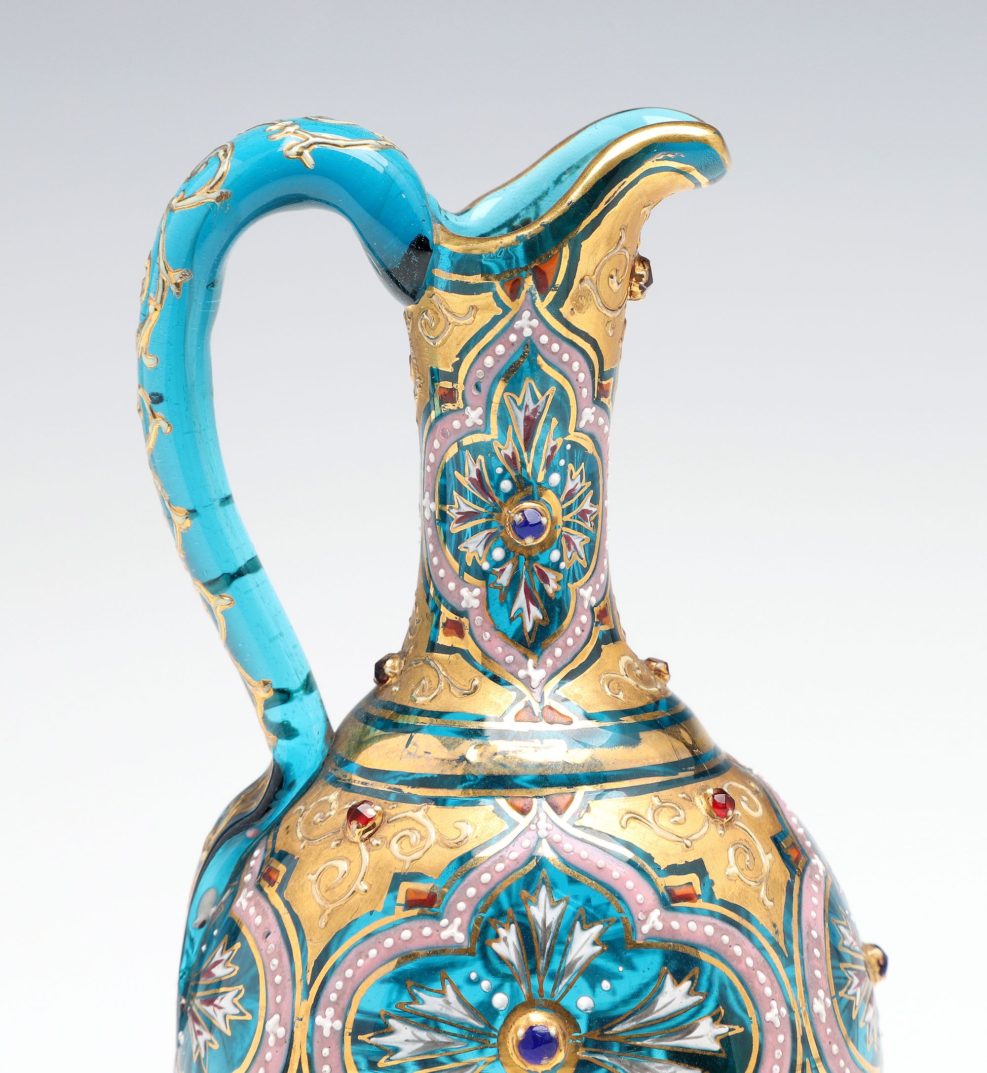 A MOSER JEWELED AND ENAMELD BLUE CRYSTAL MINIATURE EWER