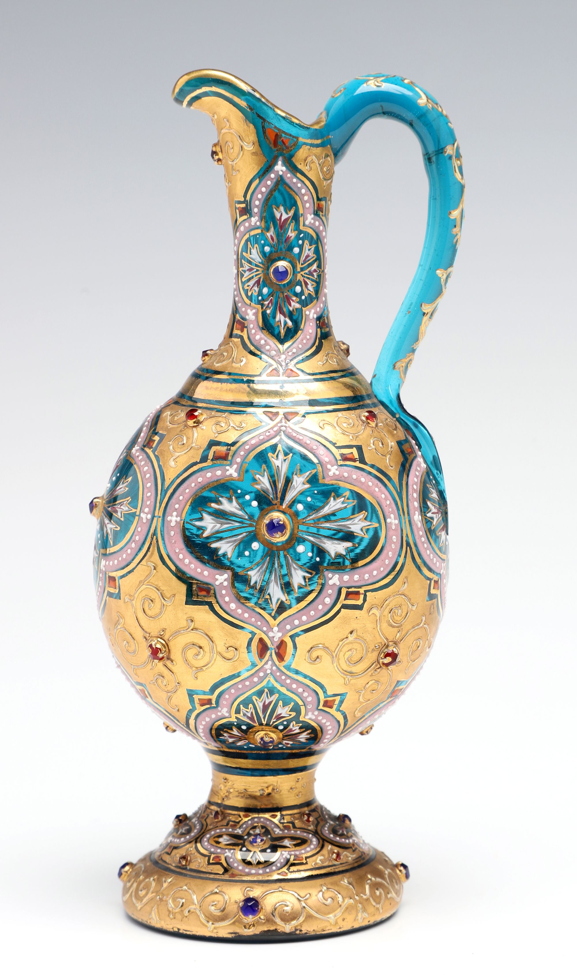 A MOSER JEWELED AND ENAMELD BLUE CRYSTAL MINIATURE EWER