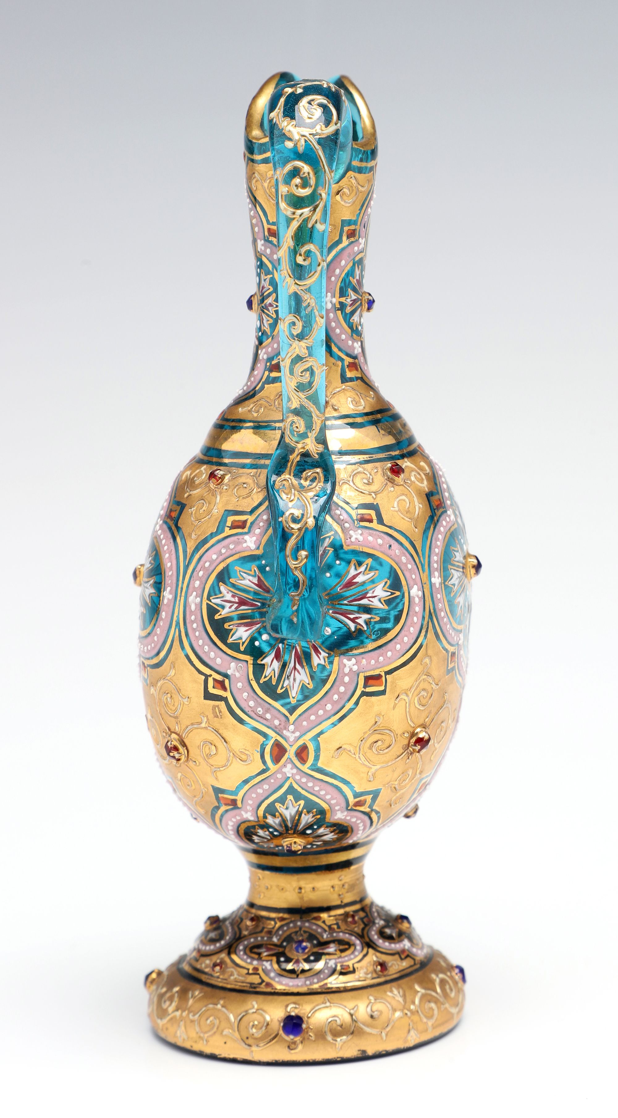 A MOSER JEWELED AND ENAMELD BLUE CRYSTAL MINIATURE EWER