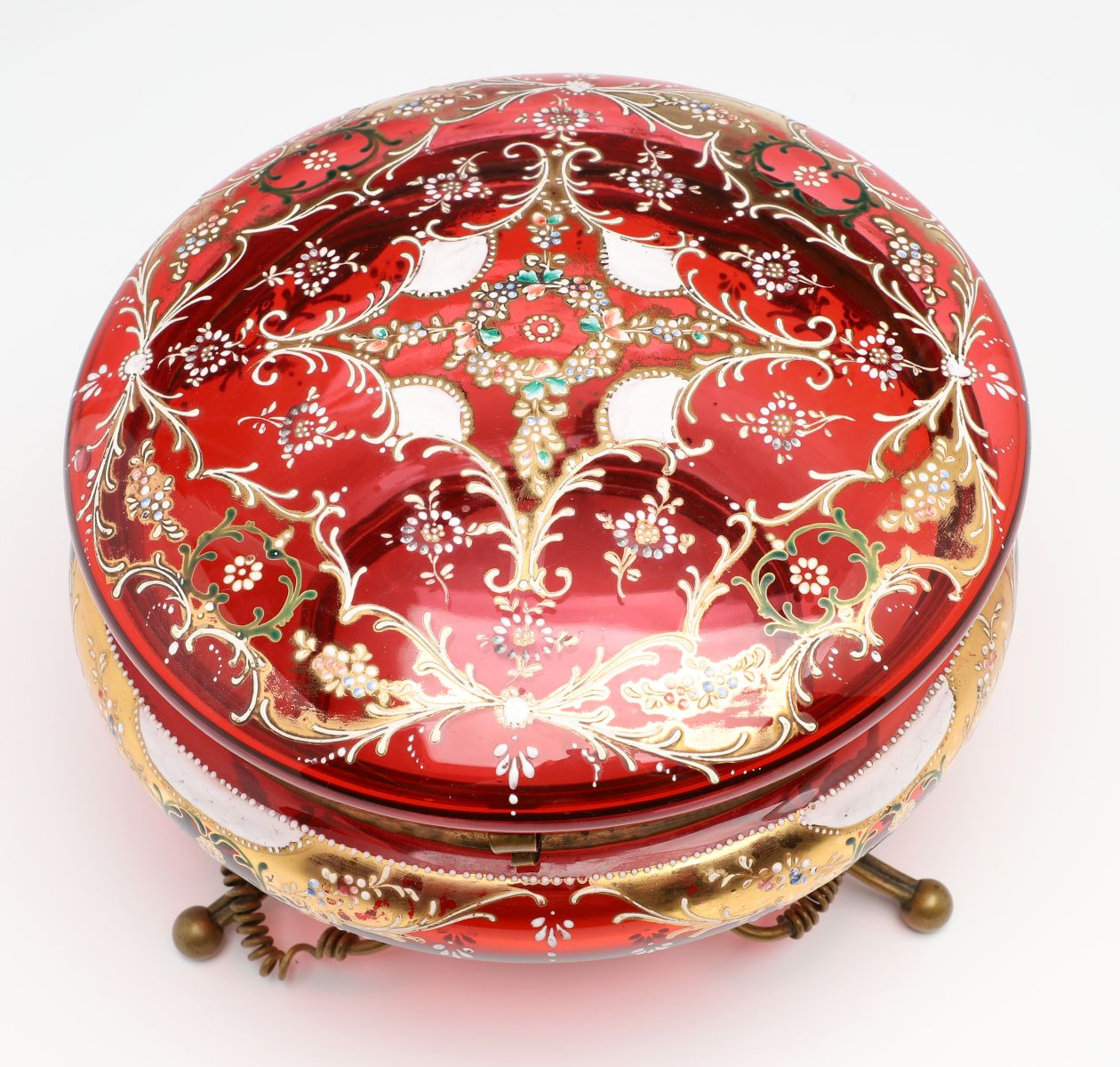 A MOSER GILT AND ENAMEL DECORATED CRANBERRY GLASS BOX