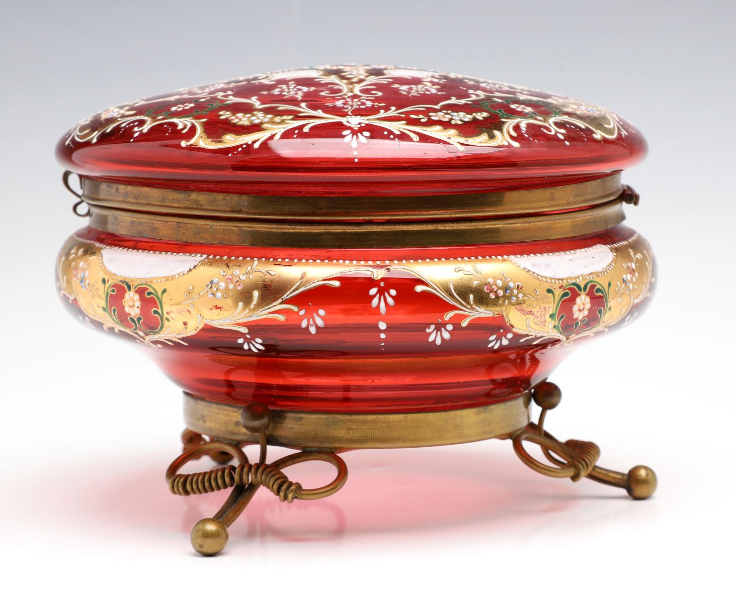 A MOSER GILT AND ENAMEL DECORATED CRANBERRY GLASS BOX