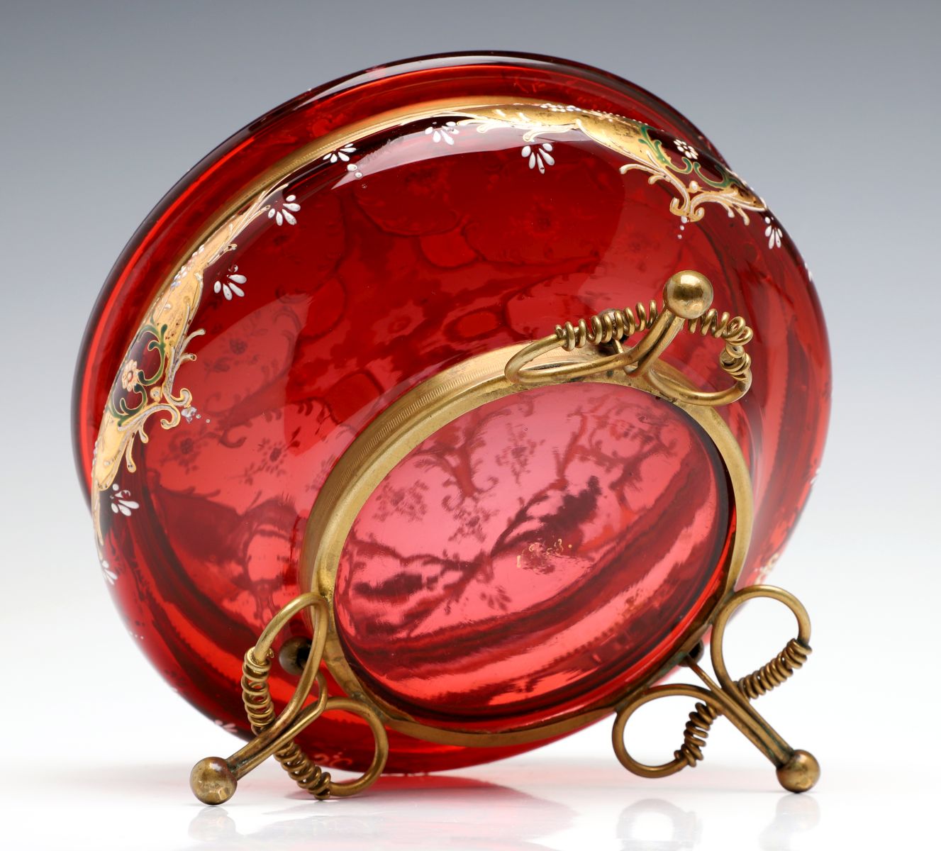 A MOSER GILT AND ENAMEL DECORATED CRANBERRY GLASS BOX