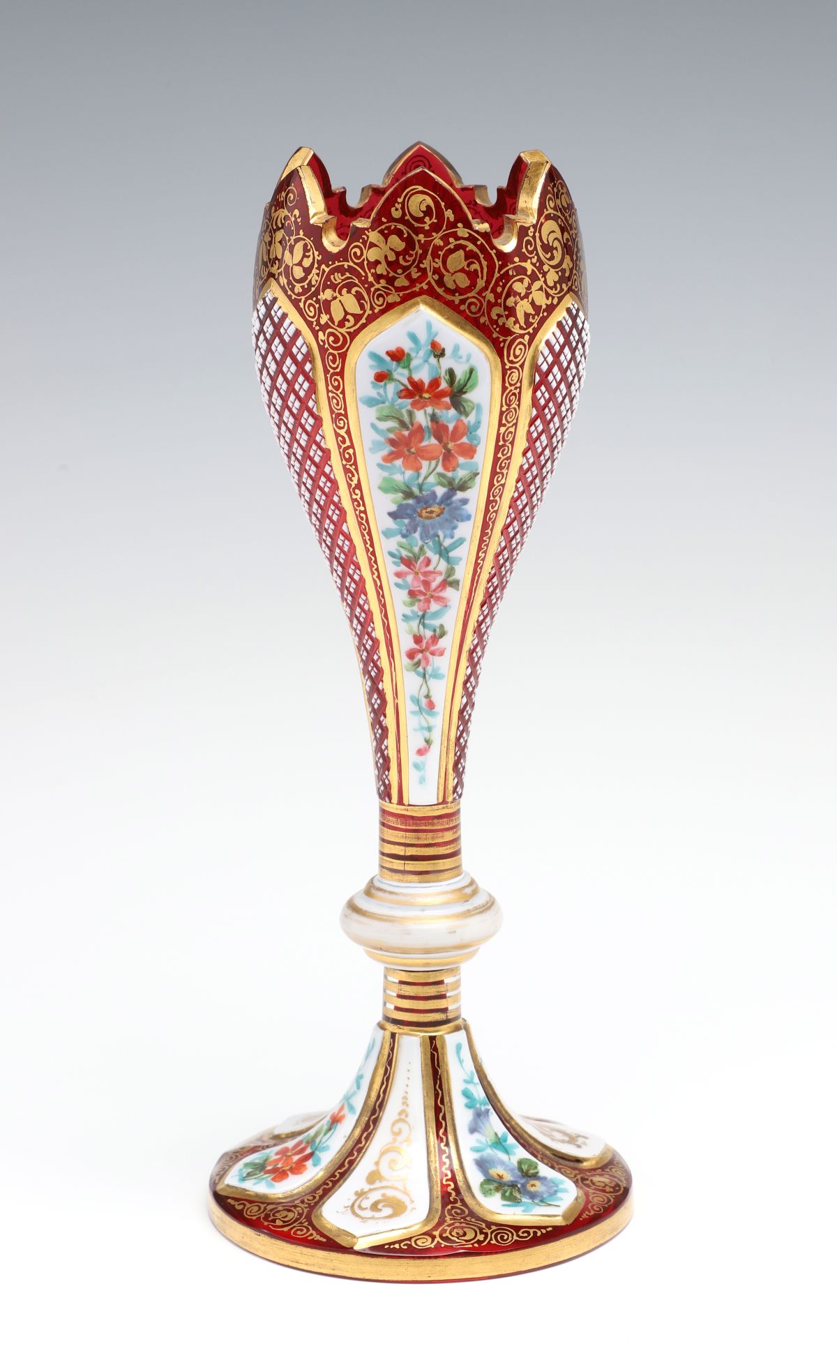 A 19C. BOHEMIAN OVERLAY TULIP VASE CUT TO CRANBERRY