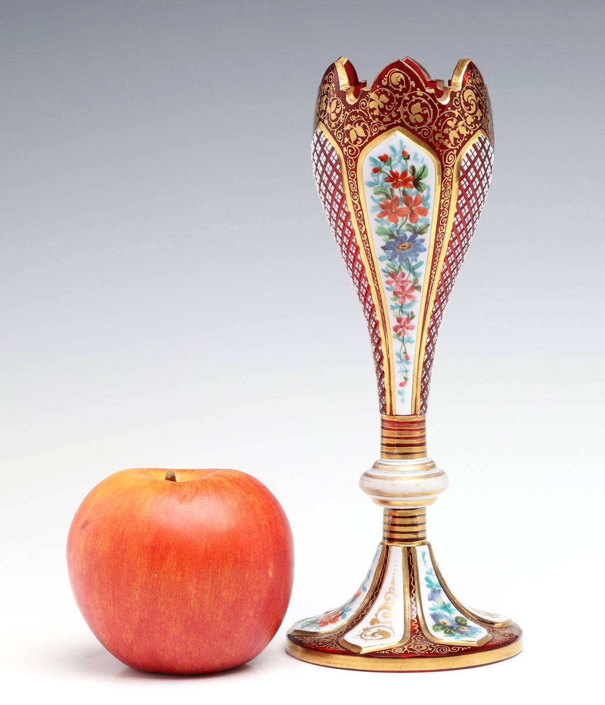 A 19C. BOHEMIAN OVERLAY TULIP VASE CUT TO CRANBERRY