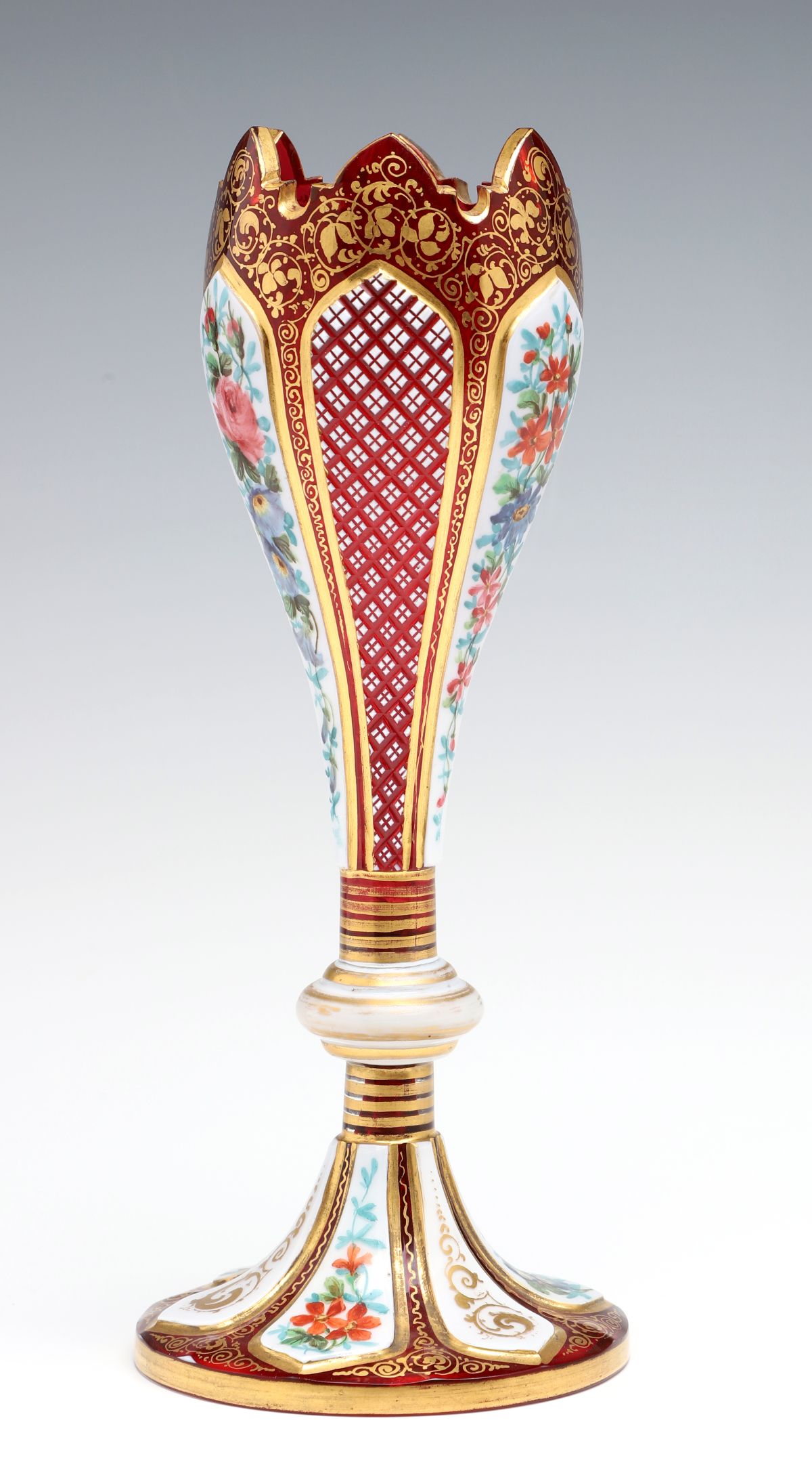 A 19C. BOHEMIAN OVERLAY TULIP VASE CUT TO CRANBERRY