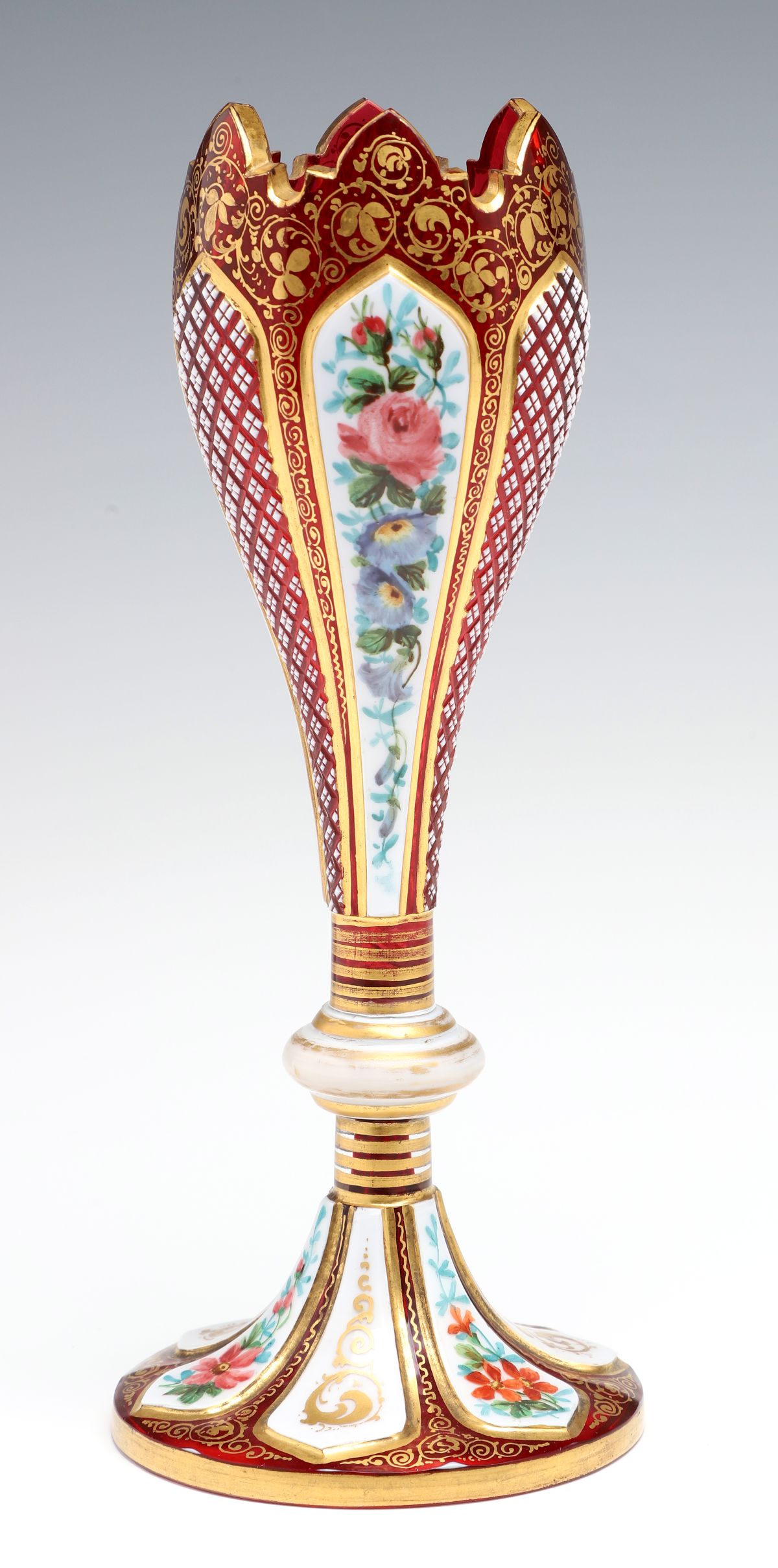 A 19C. BOHEMIAN OVERLAY TULIP VASE CUT TO CRANBERRY