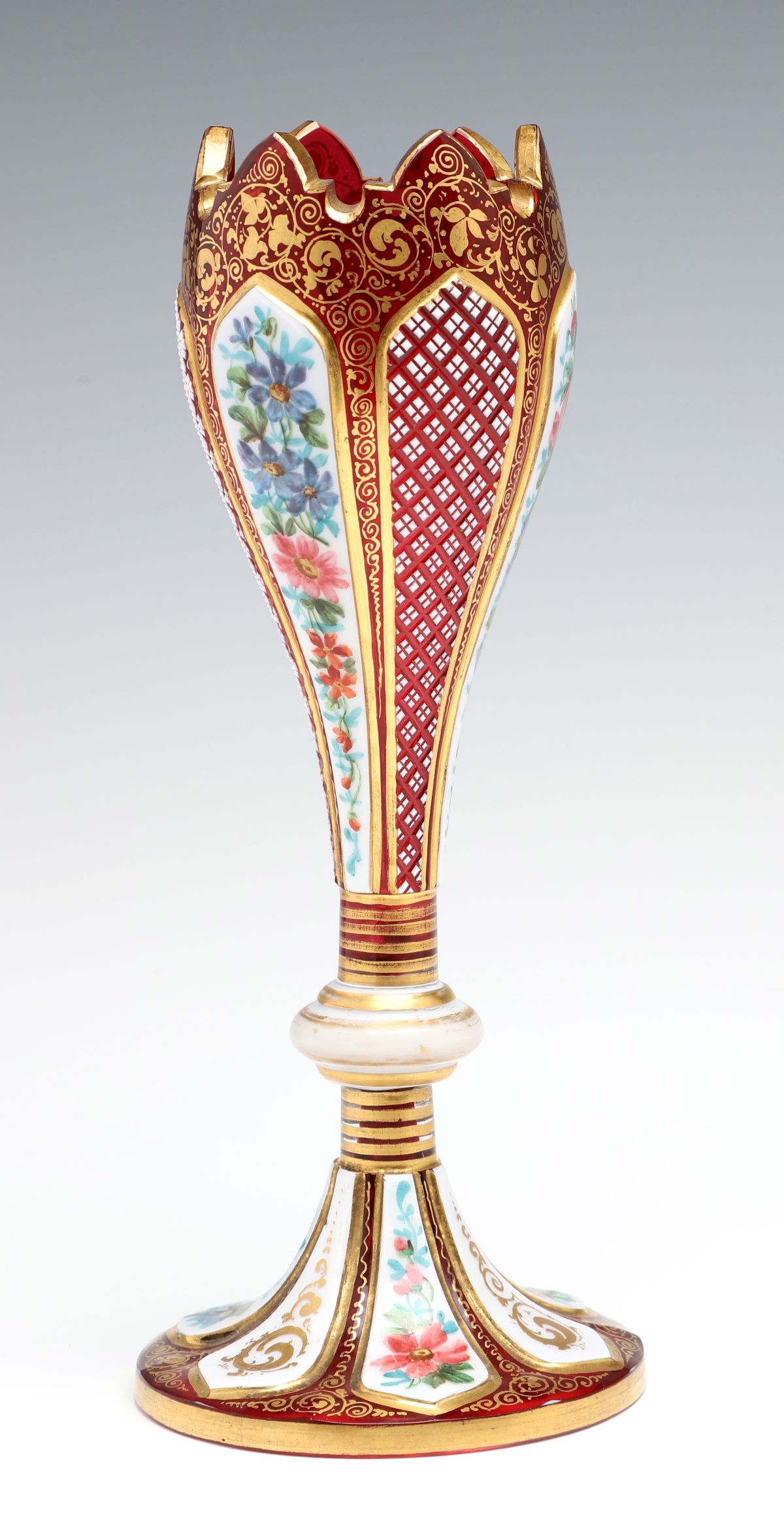 A 19C. BOHEMIAN OVERLAY TULIP VASE CUT TO CRANBERRY