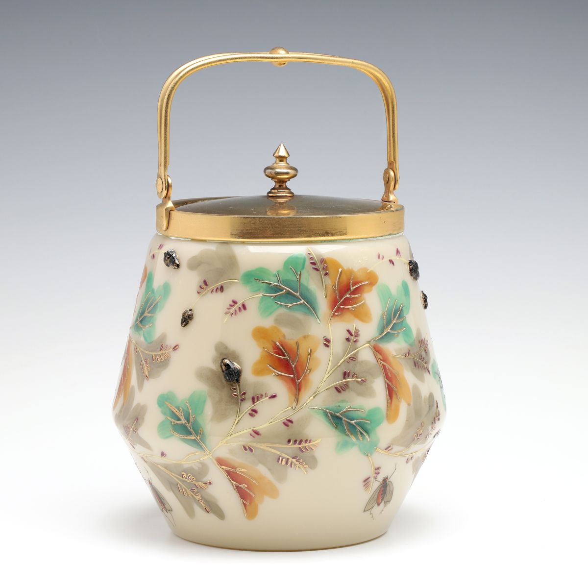 A SCARCE MOSER BISCUIT JAR WITH COBALT BLUE ACORNS