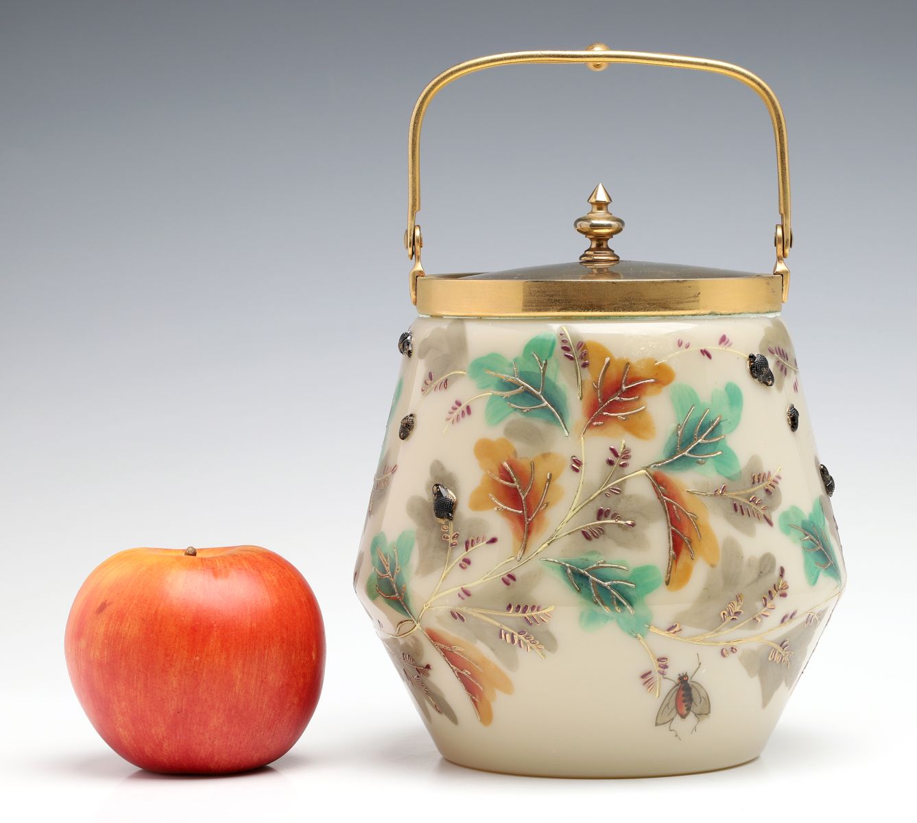 A SCARCE MOSER BISCUIT JAR WITH COBALT BLUE ACORNS