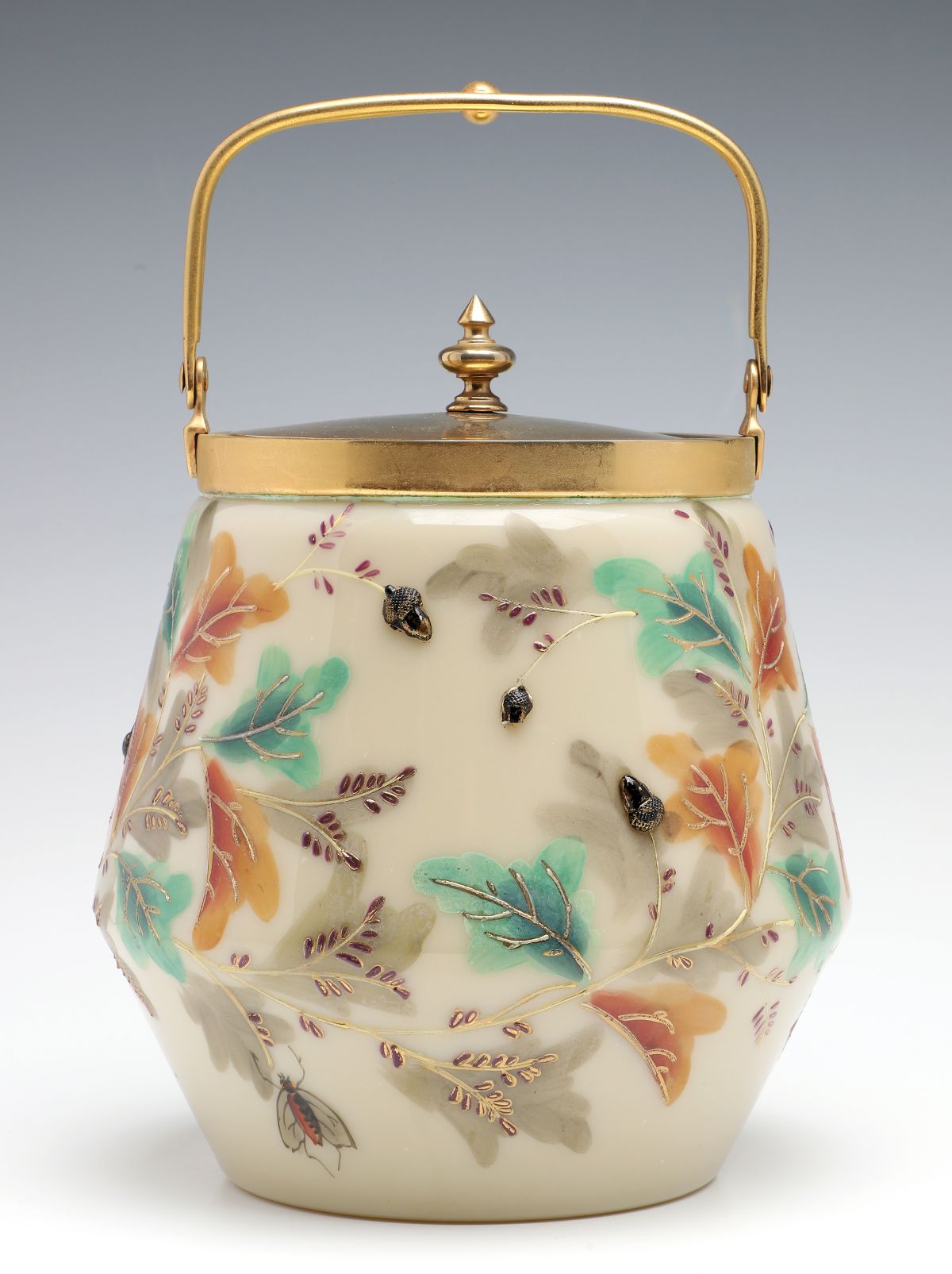 A SCARCE MOSER BISCUIT JAR WITH COBALT BLUE ACORNS