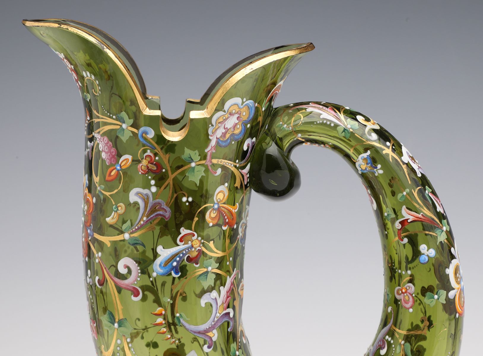 A LARGE MOSER ART GLASS HUNTING HORN WITH ENAMELING