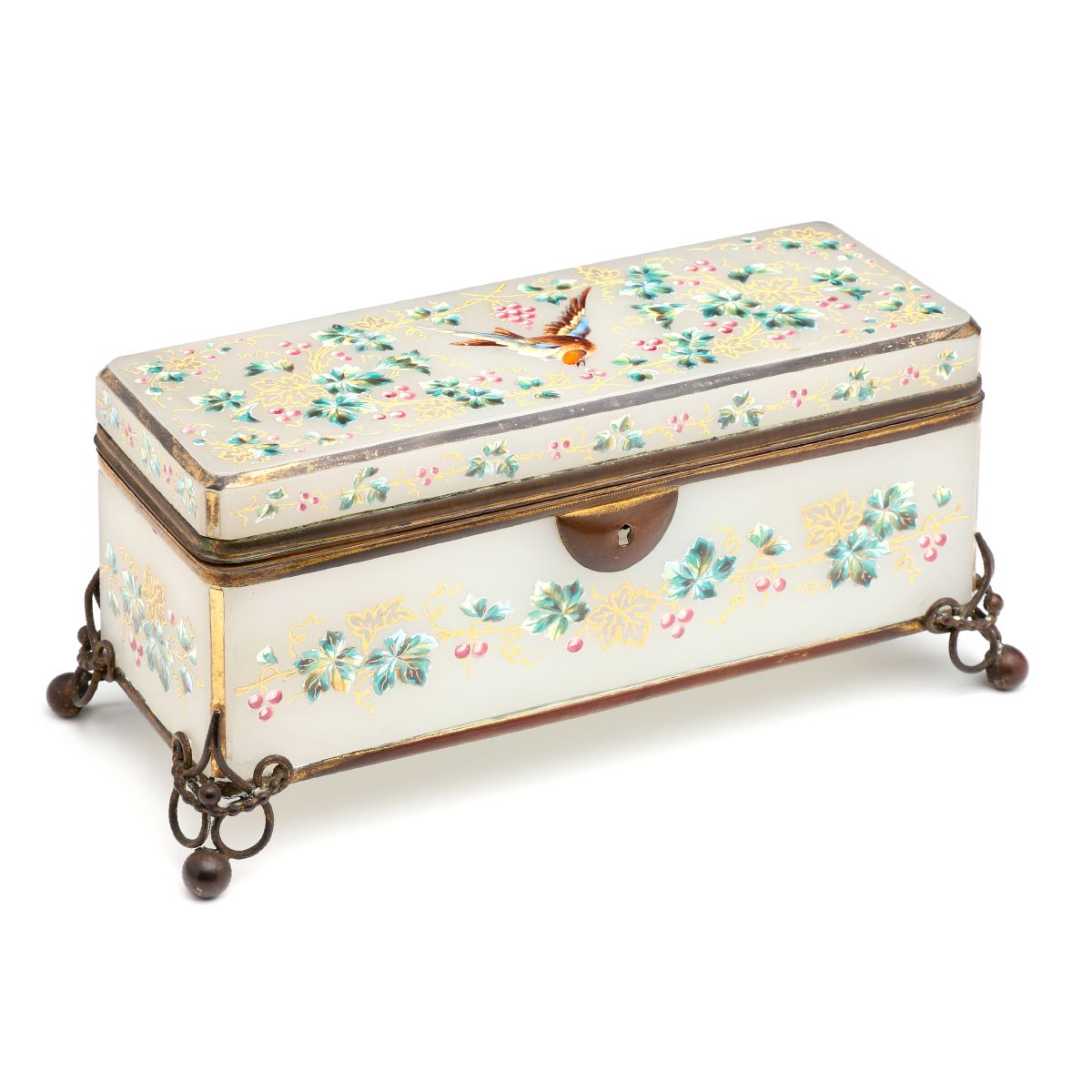 A 19C. MOSER OPALINE GLOVE BOX WITH ENAMELED LOVEBIRD