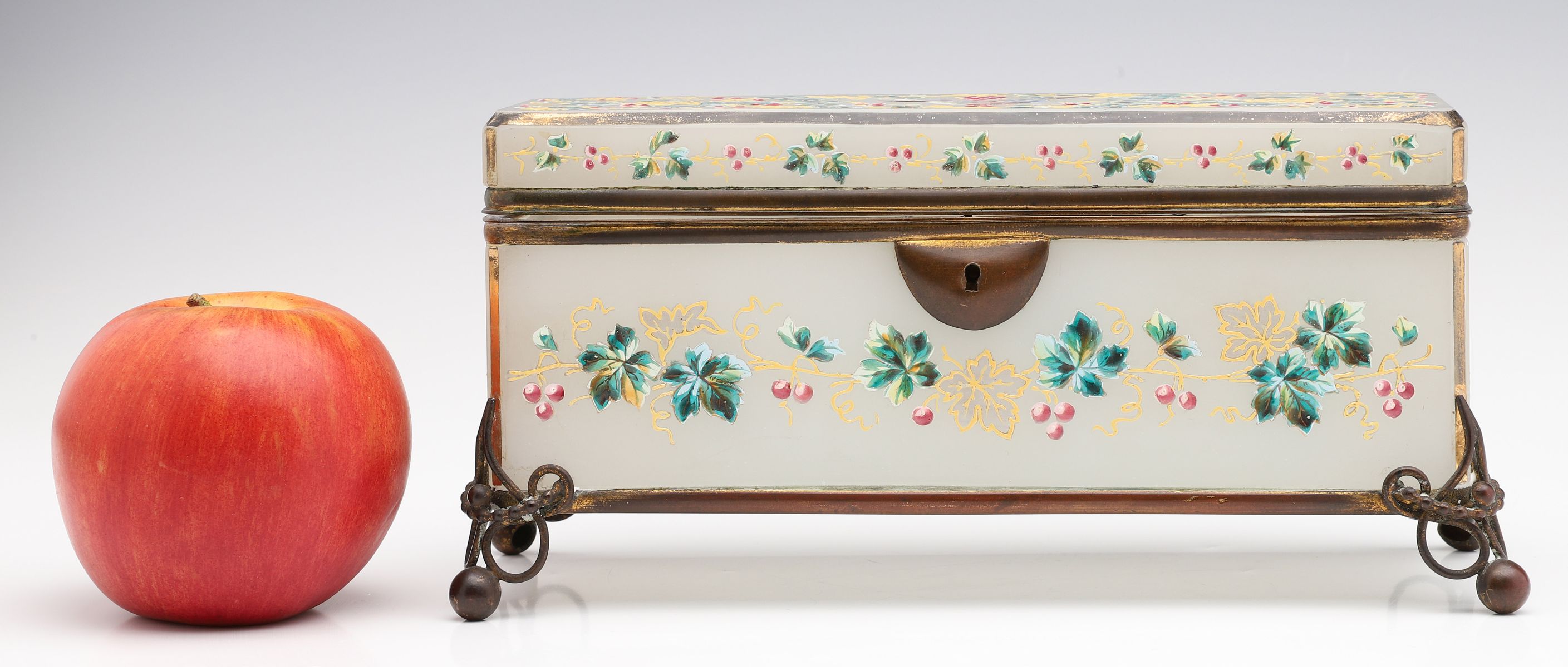 A 19C. MOSER OPALINE GLOVE BOX WITH ENAMELED LOVEBIRD