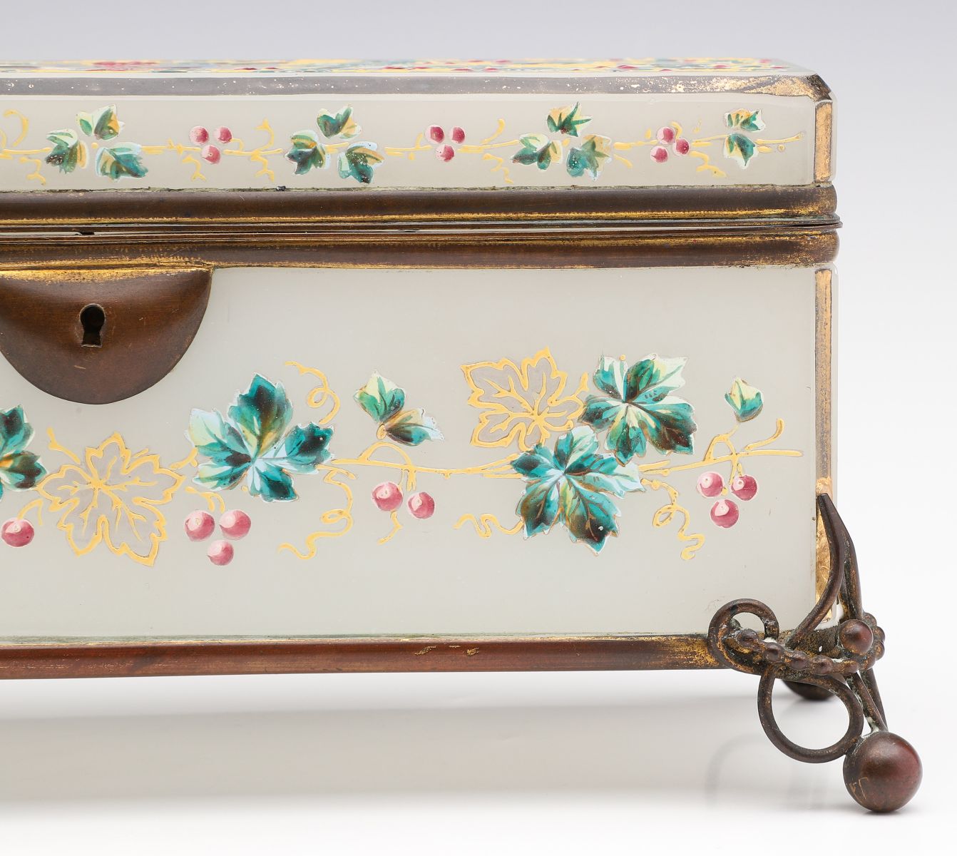 A 19C. MOSER OPALINE GLOVE BOX WITH ENAMELED LOVEBIRD