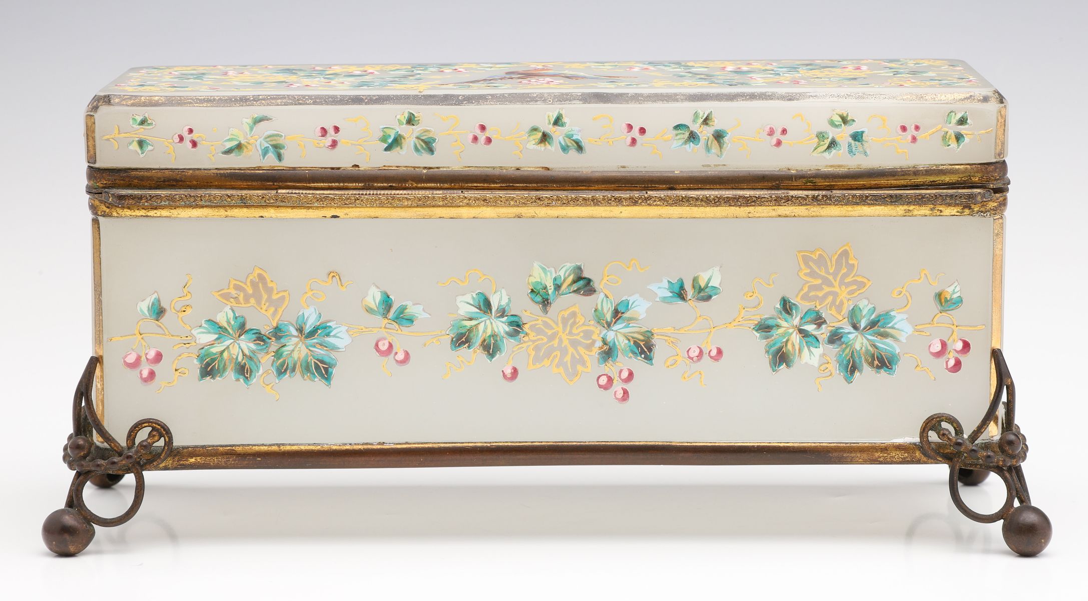 A 19C. MOSER OPALINE GLOVE BOX WITH ENAMELED LOVEBIRD