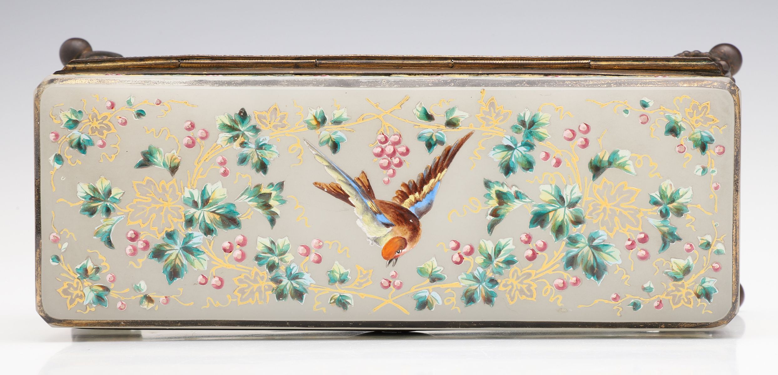 A 19C. MOSER OPALINE GLOVE BOX WITH ENAMELED LOVEBIRD