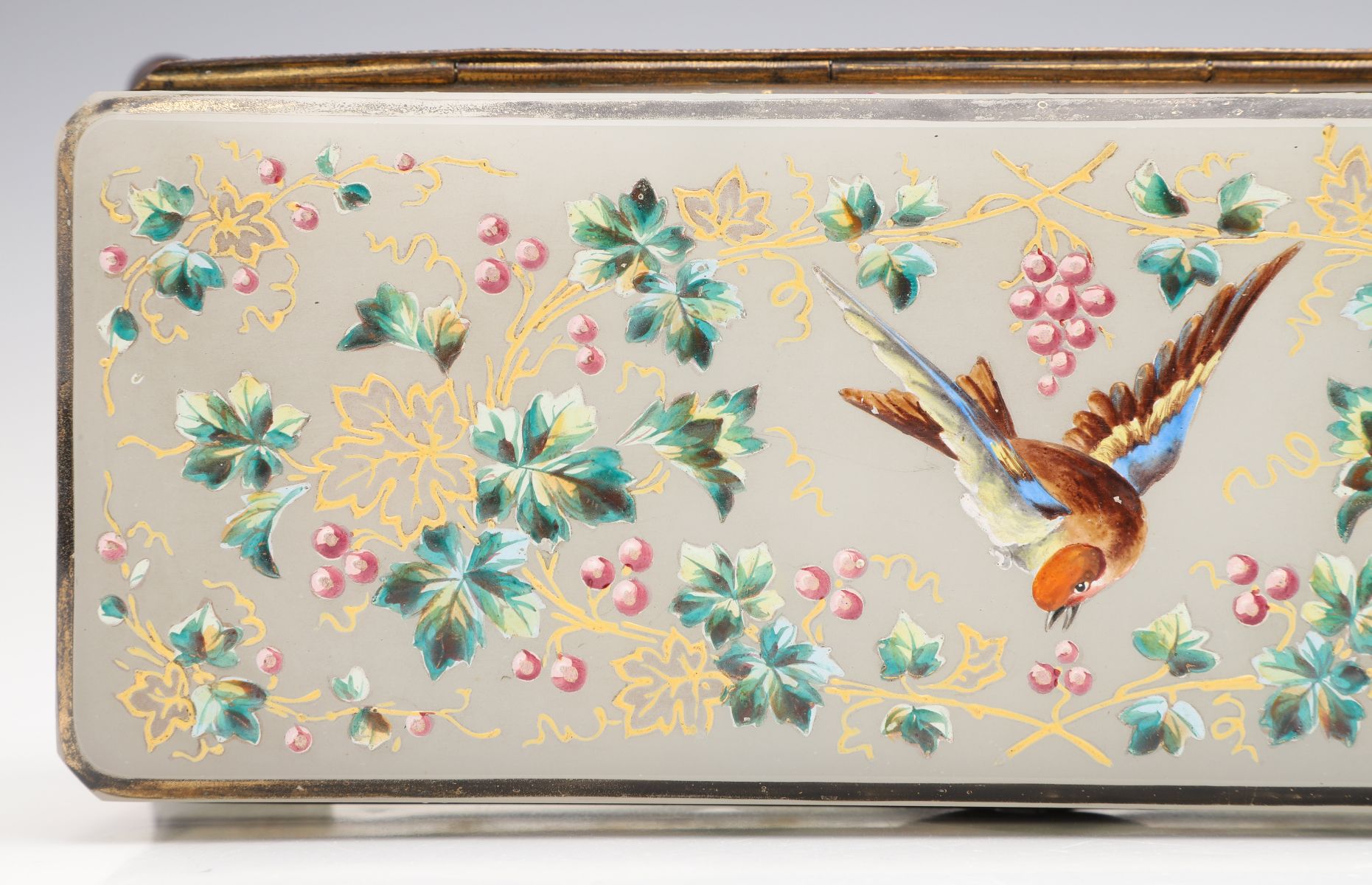 A 19C. MOSER OPALINE GLOVE BOX WITH ENAMELED LOVEBIRD