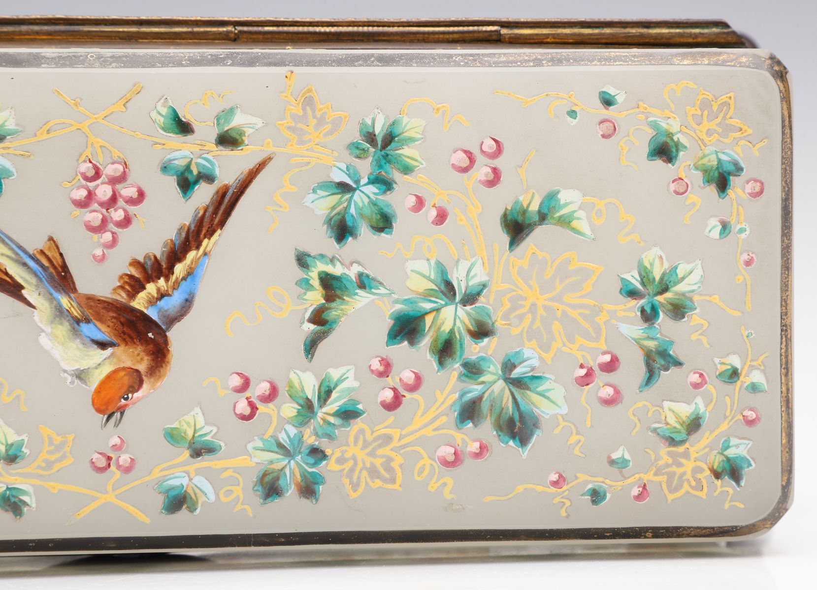 A 19C. MOSER OPALINE GLOVE BOX WITH ENAMELED LOVEBIRD