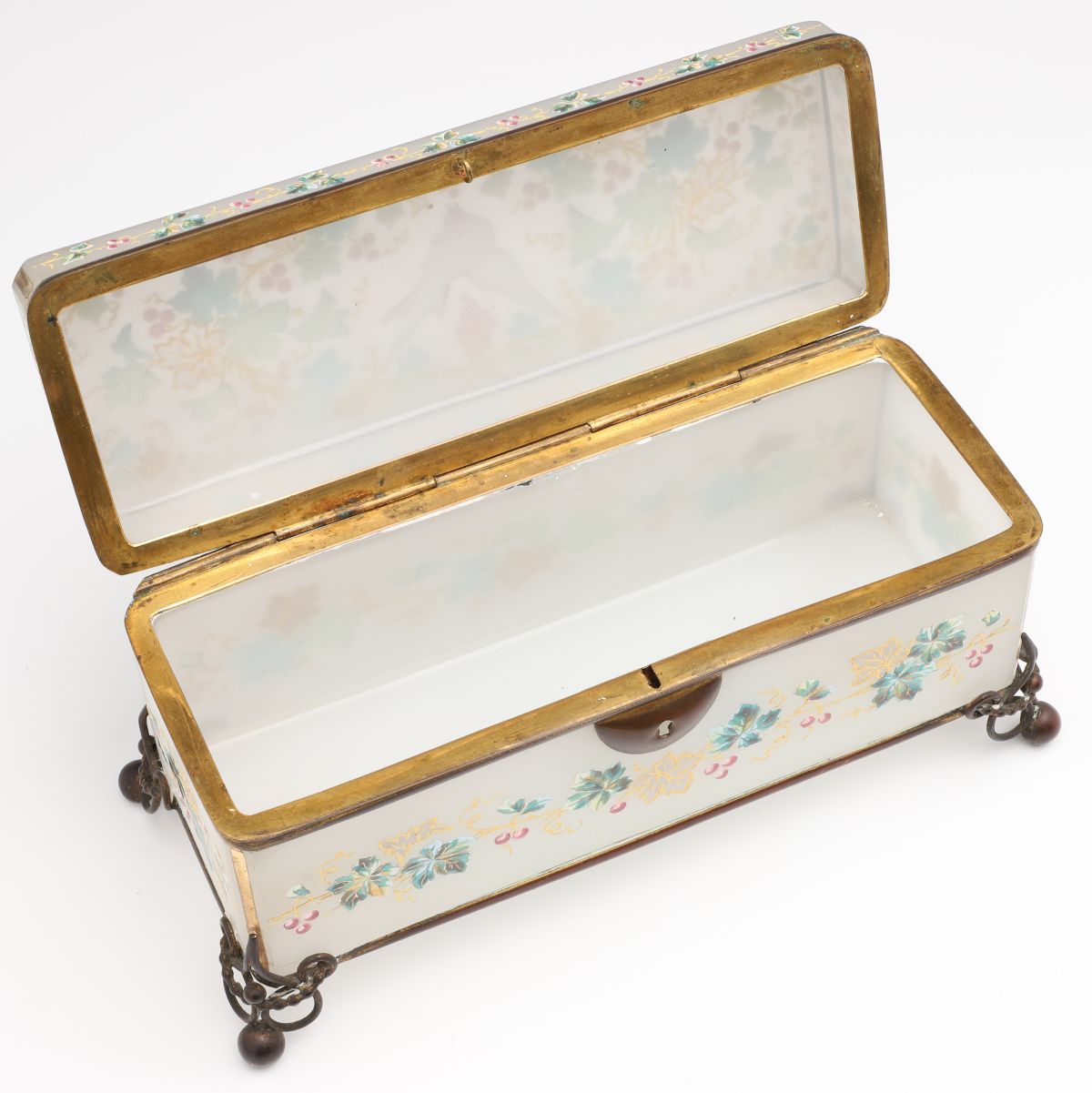 A 19C. MOSER OPALINE GLOVE BOX WITH ENAMELED LOVEBIRD