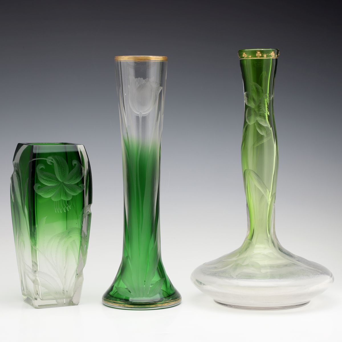 THREE MOSER INTAGLIO CARVED CRYSTAL VASES CASED GREEN