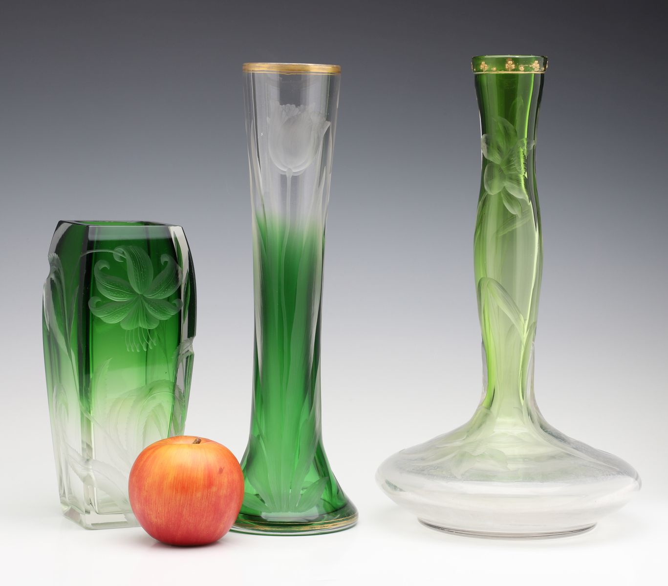 THREE MOSER INTAGLIO CARVED CRYSTAL VASES CASED GREEN