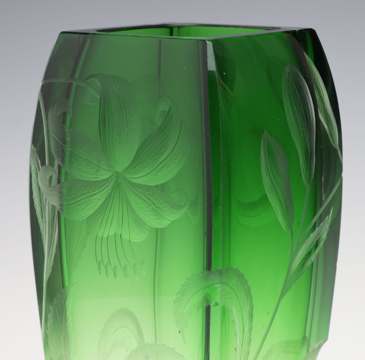 THREE MOSER INTAGLIO CARVED CRYSTAL VASES CASED GREEN